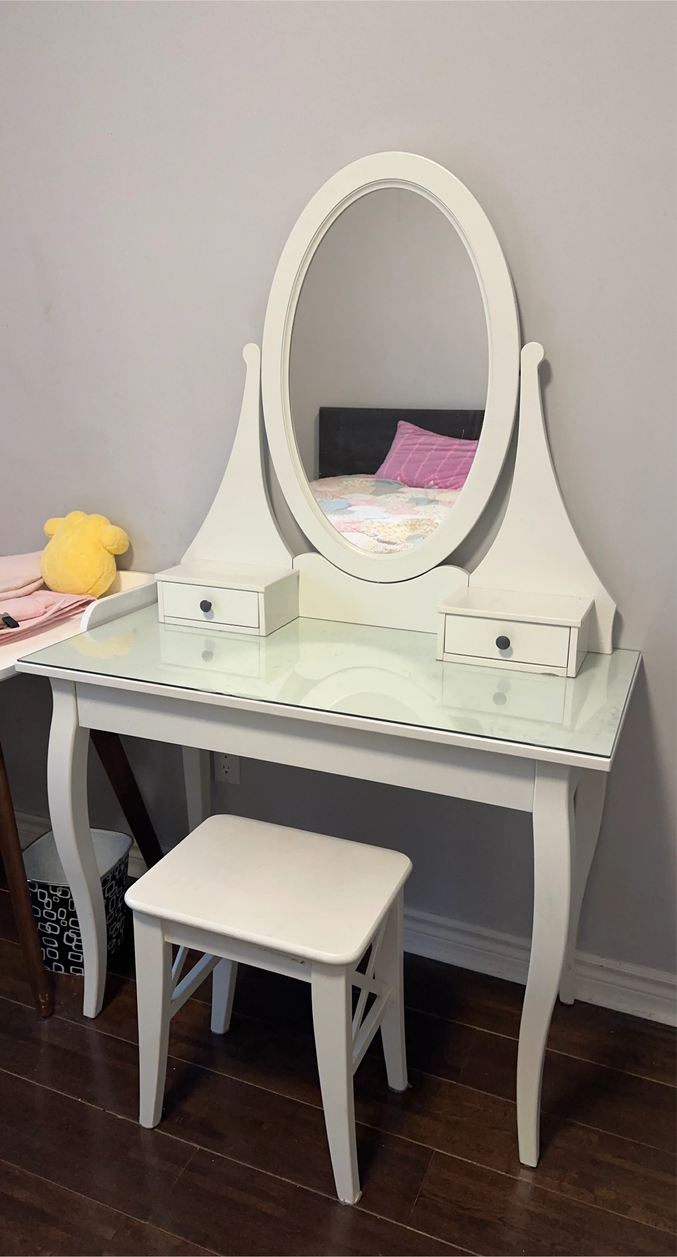 White Vanity Table with Mirror and Stool