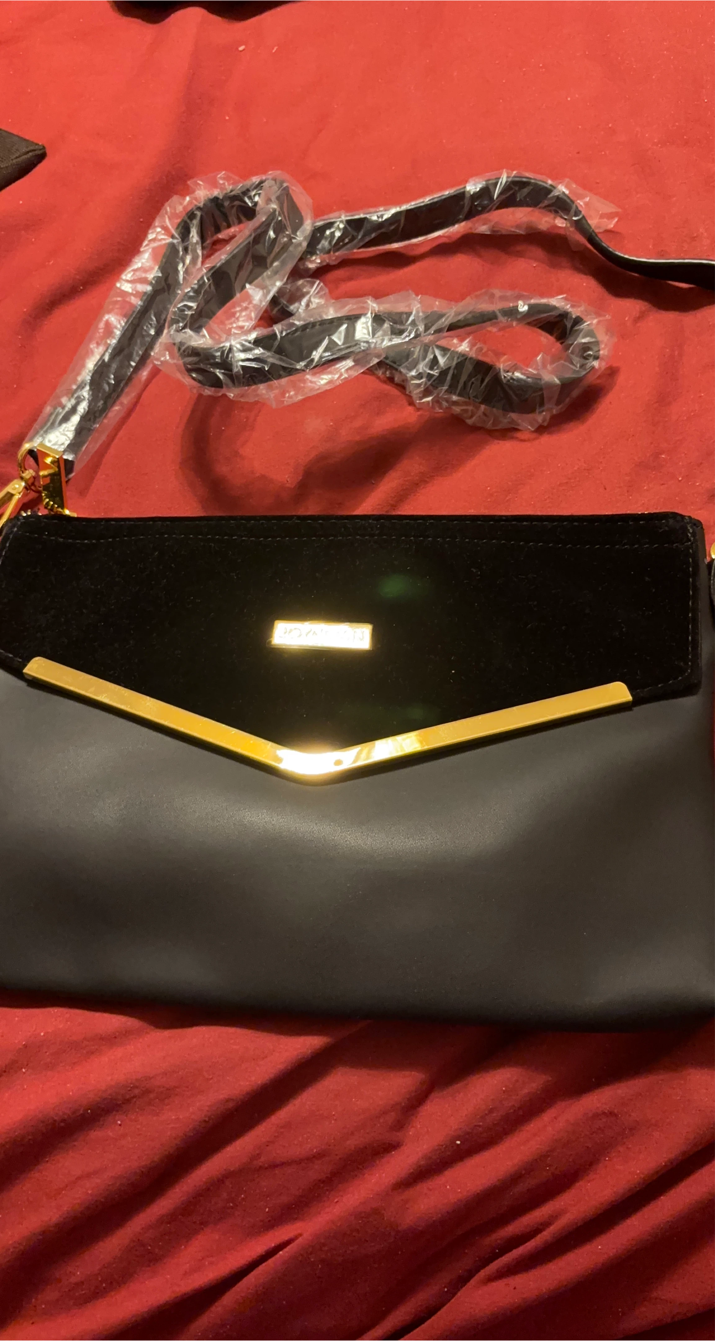 Black Velvet and Faux Leather Clutch Purse