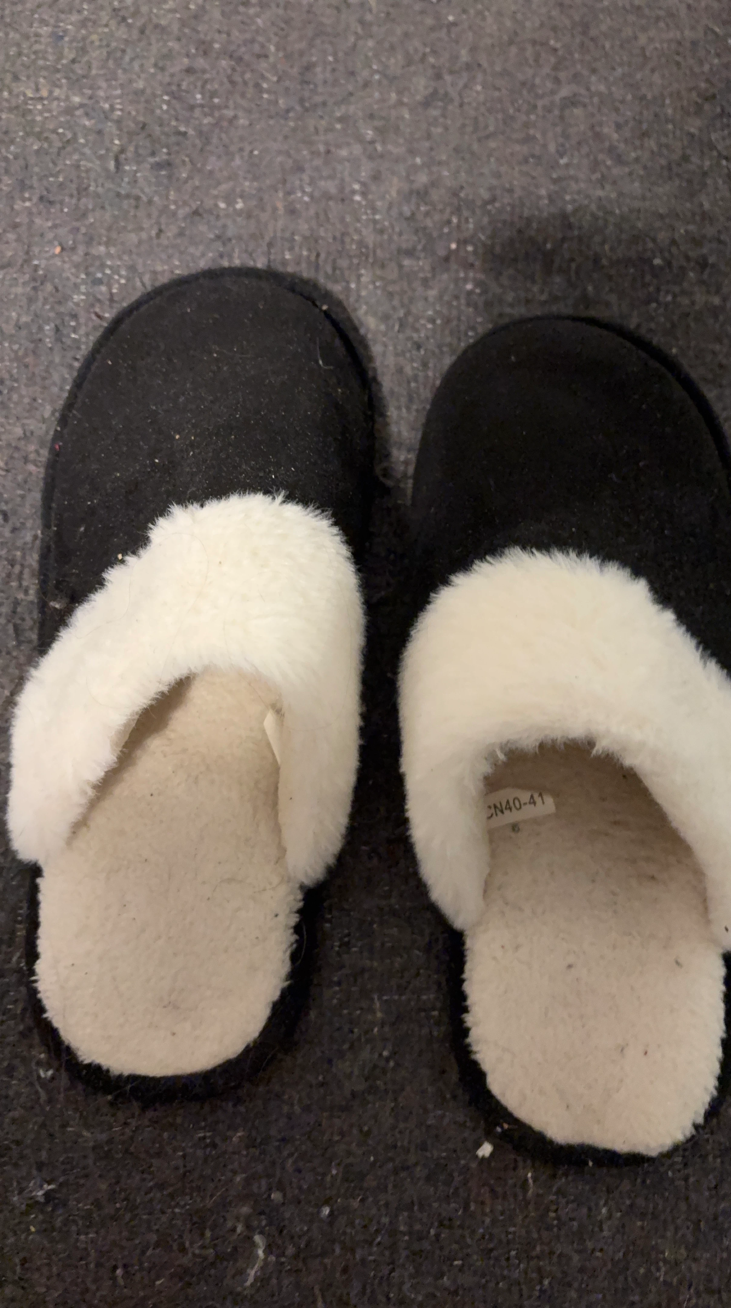 Black Slippers with White Fuzzy Trim