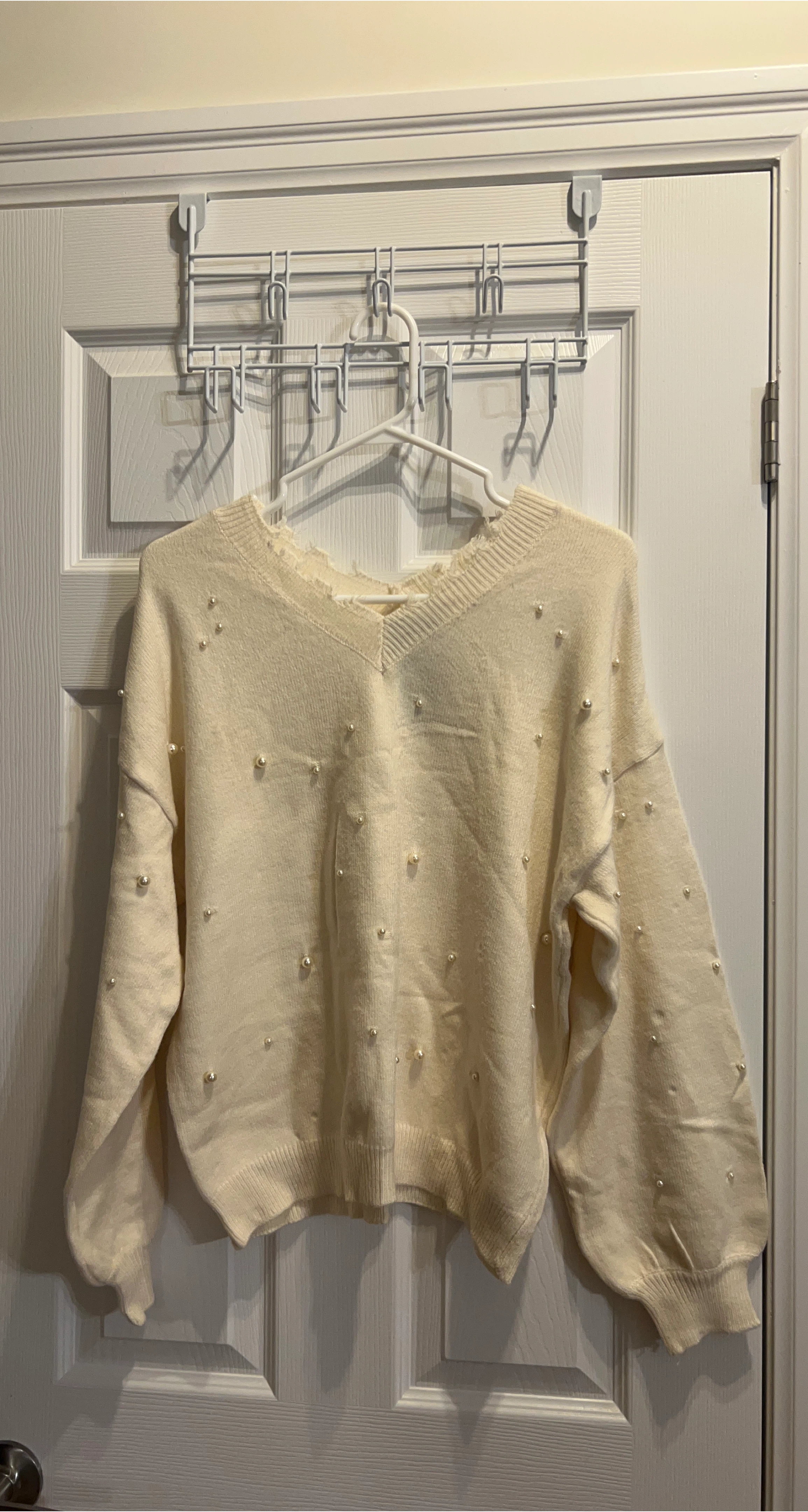 Cream Pearl V-Neck Sweater