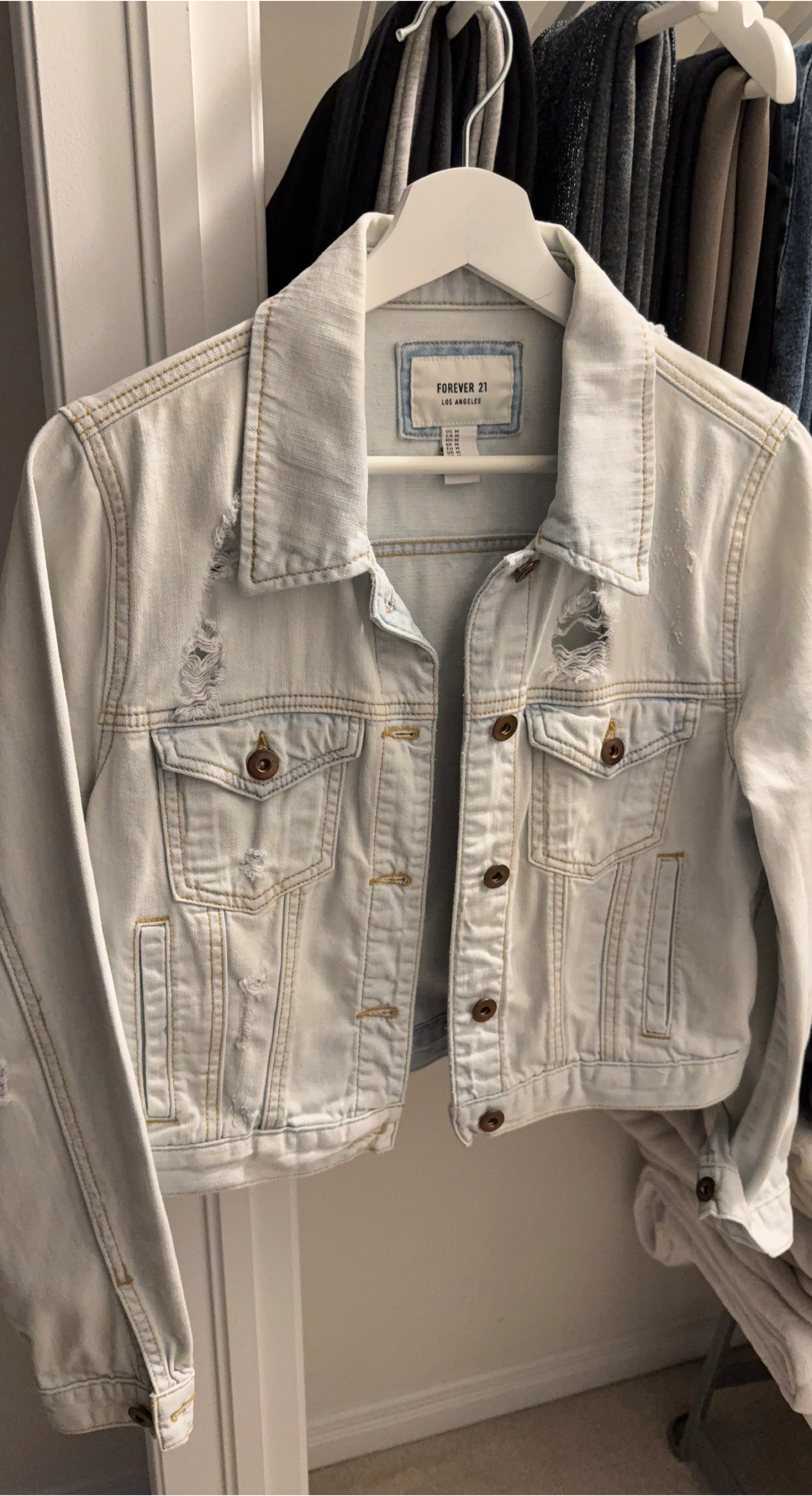 Forever 21 Distressed Light Wash Denim Jacket - Medium