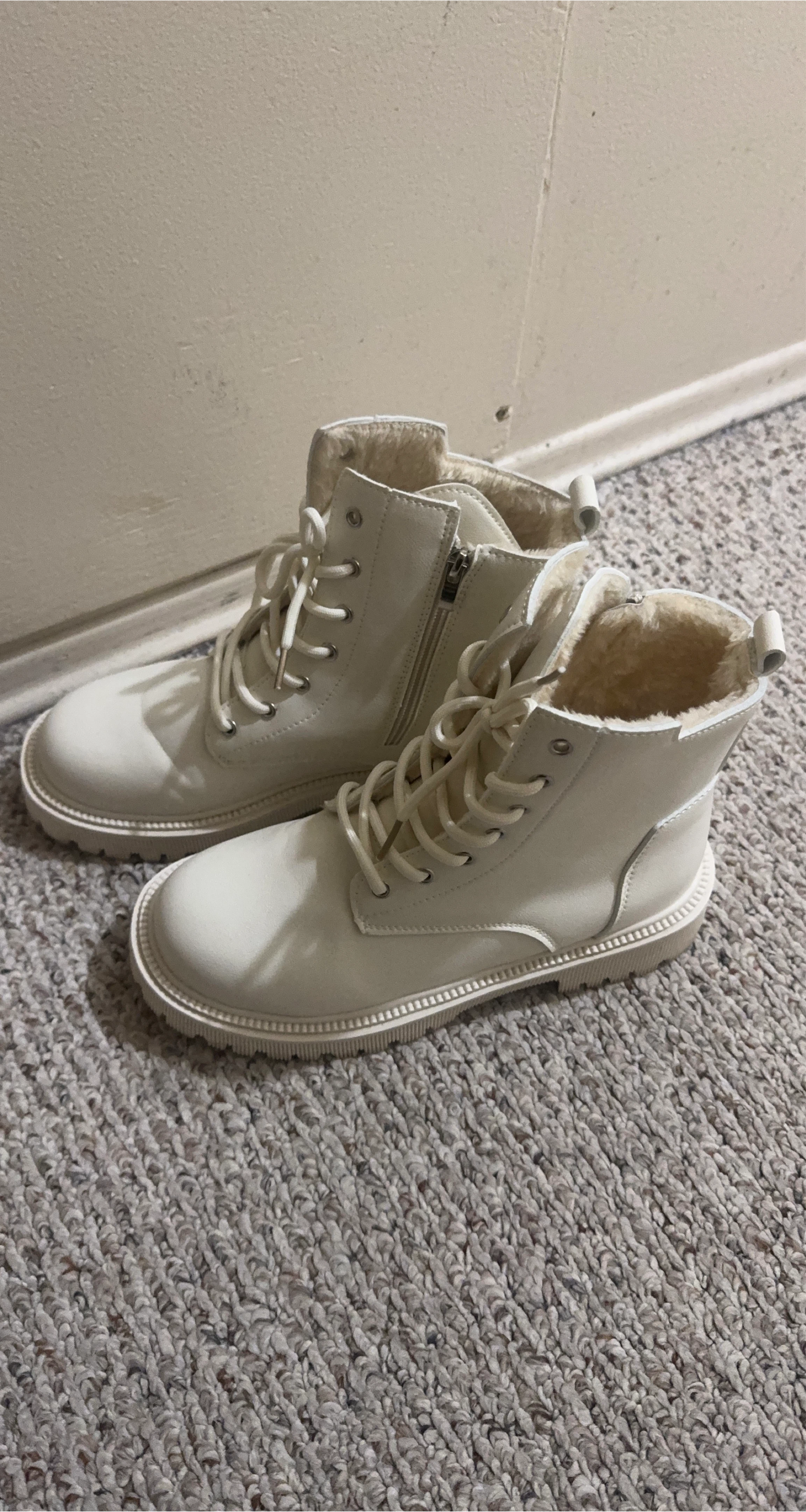 White Faux Leather Lace-Up Boots with Faux Fur Lining