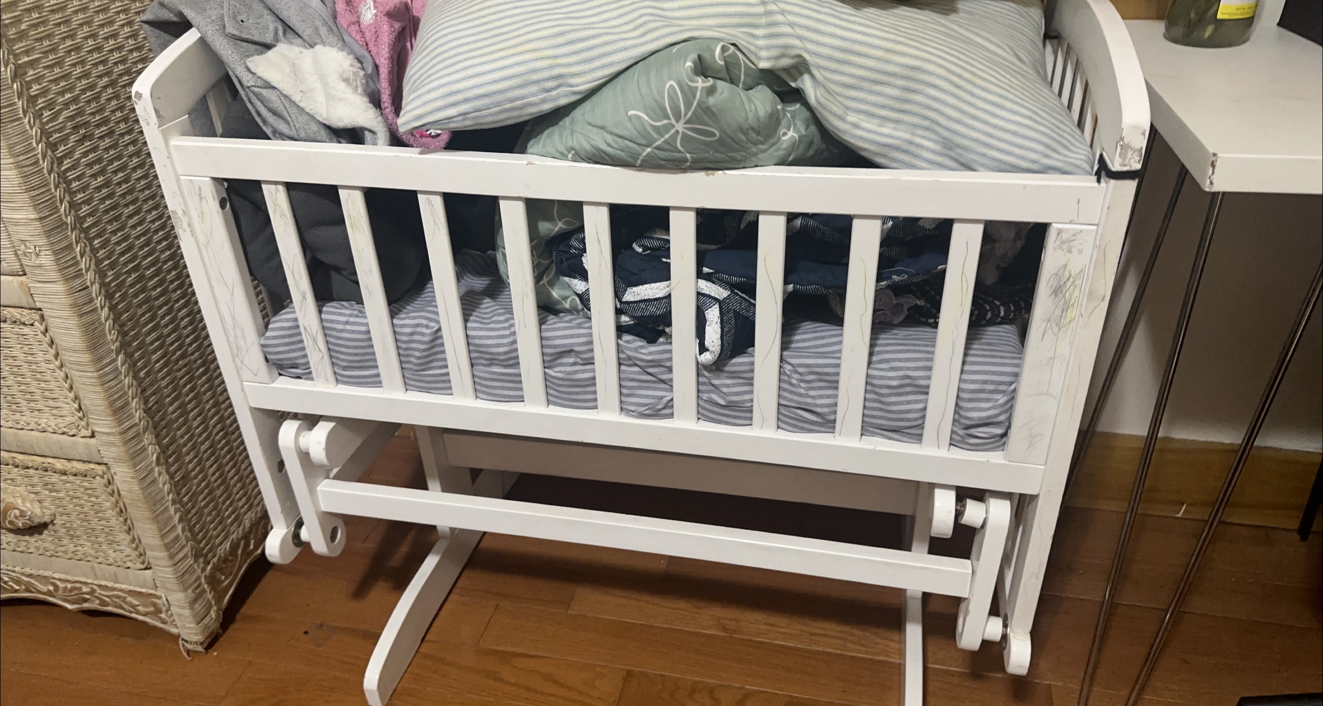 White Wooden Baby Cradle with Bedding