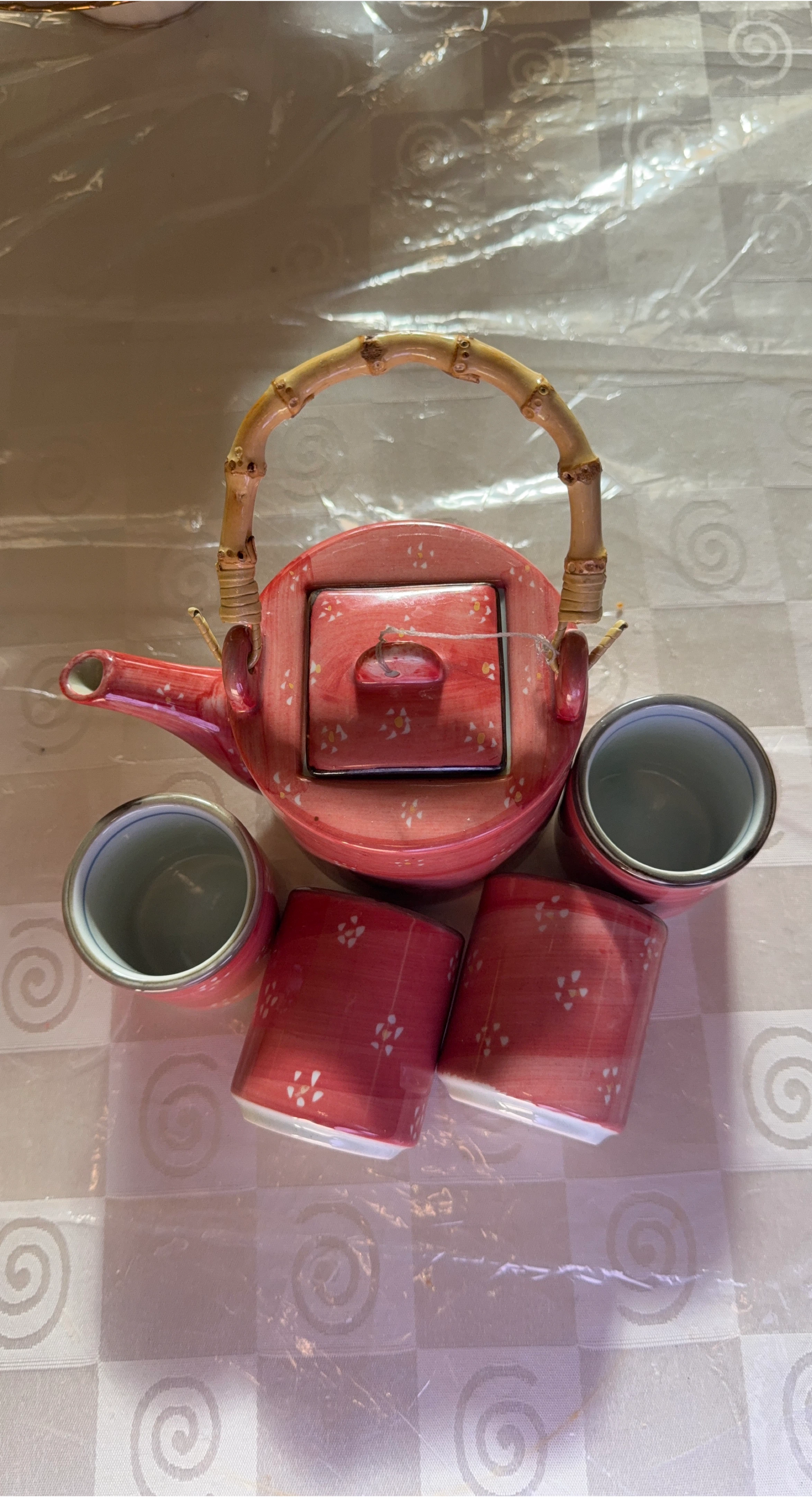 Coral Teapot and Cups Set with Bamboo Handle