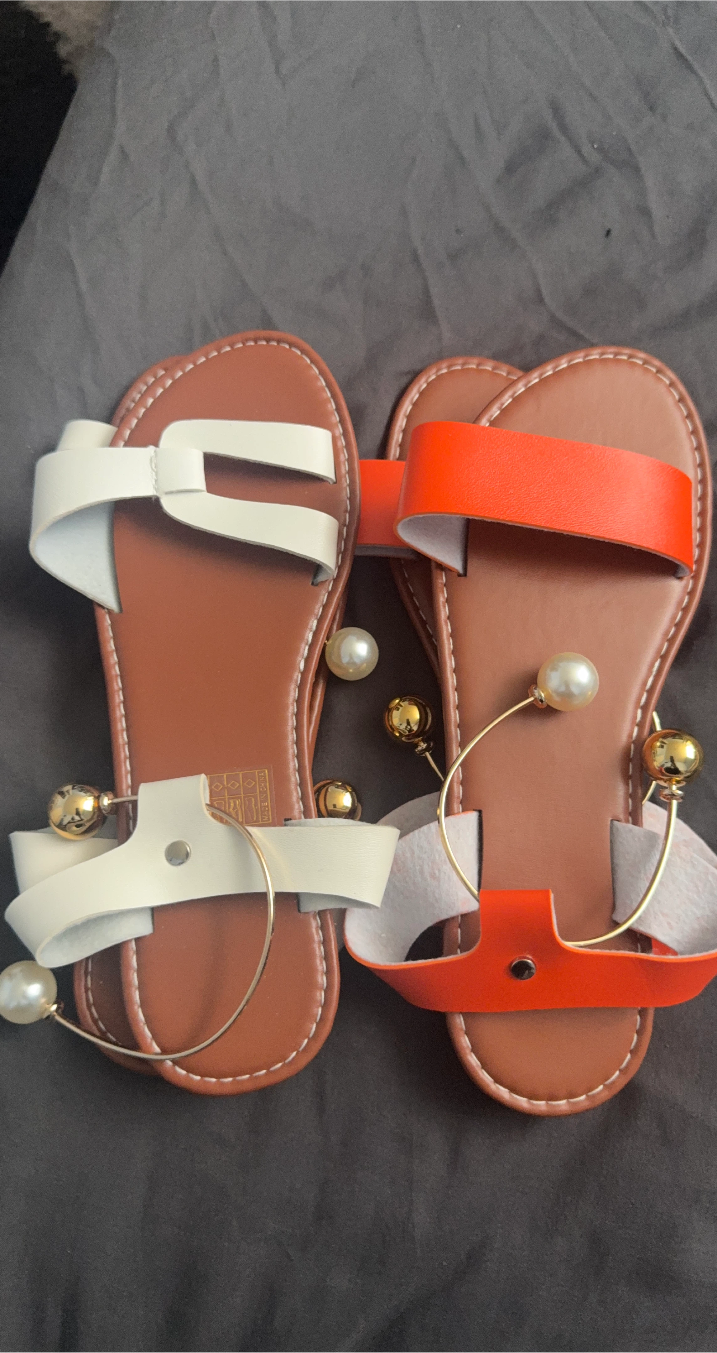 Women's Sandals - White, Orange & Gold Pearl Embellishments