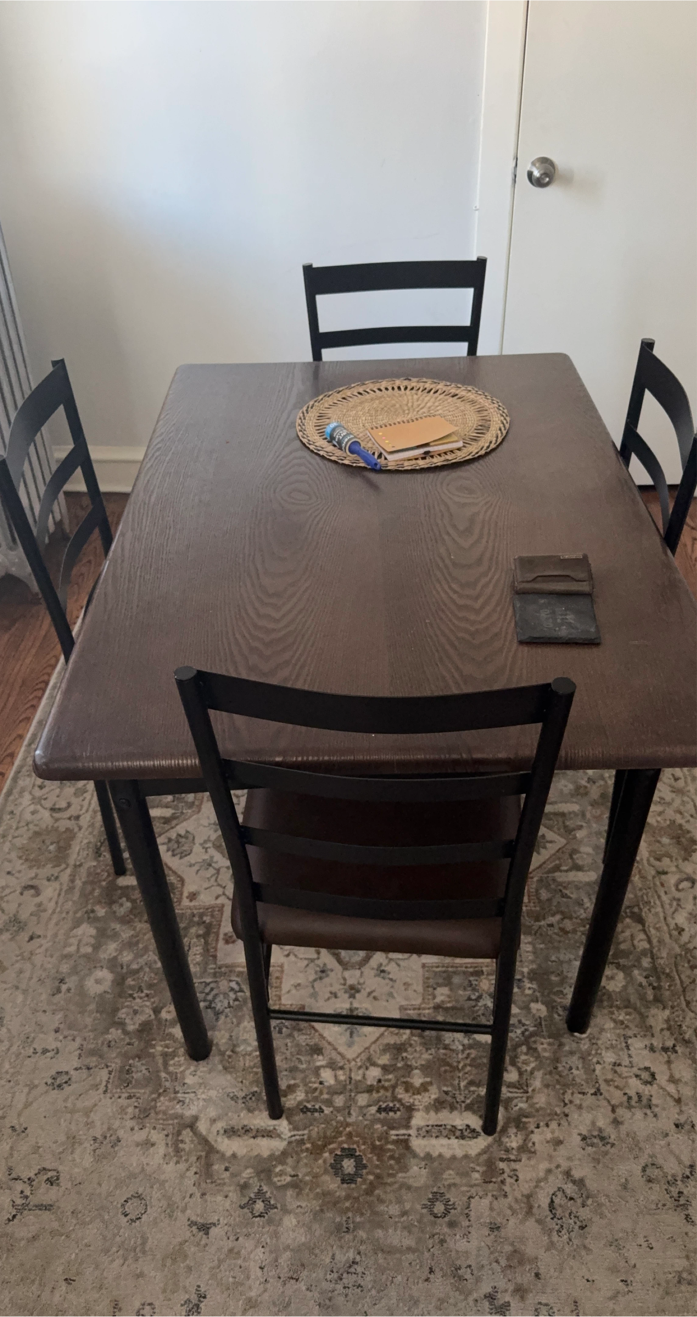 Dark Wood Dining Table with 4 Black Chairs