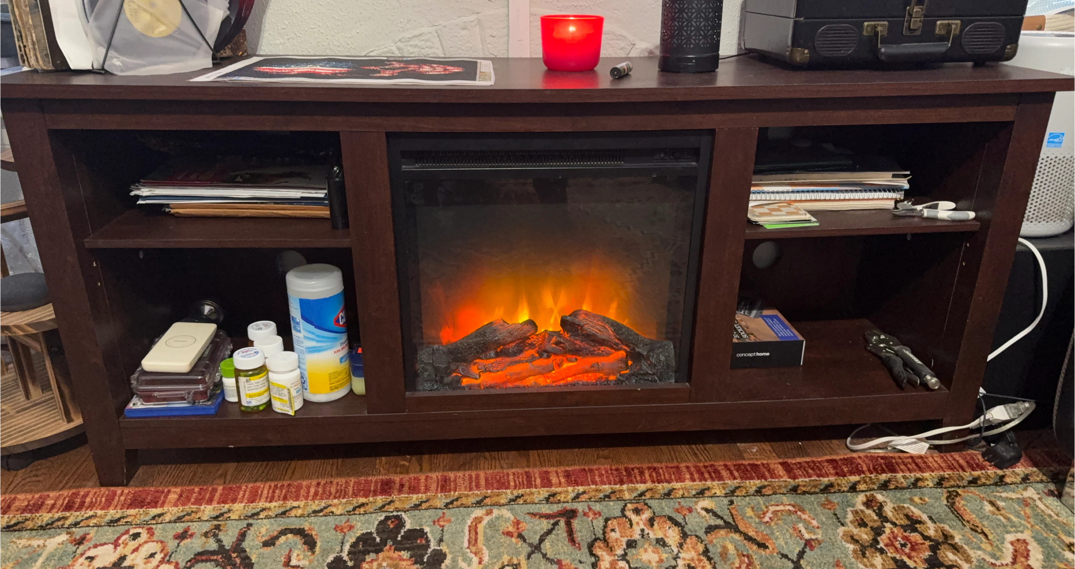 Dark Wood Media Console with Electric Fireplace