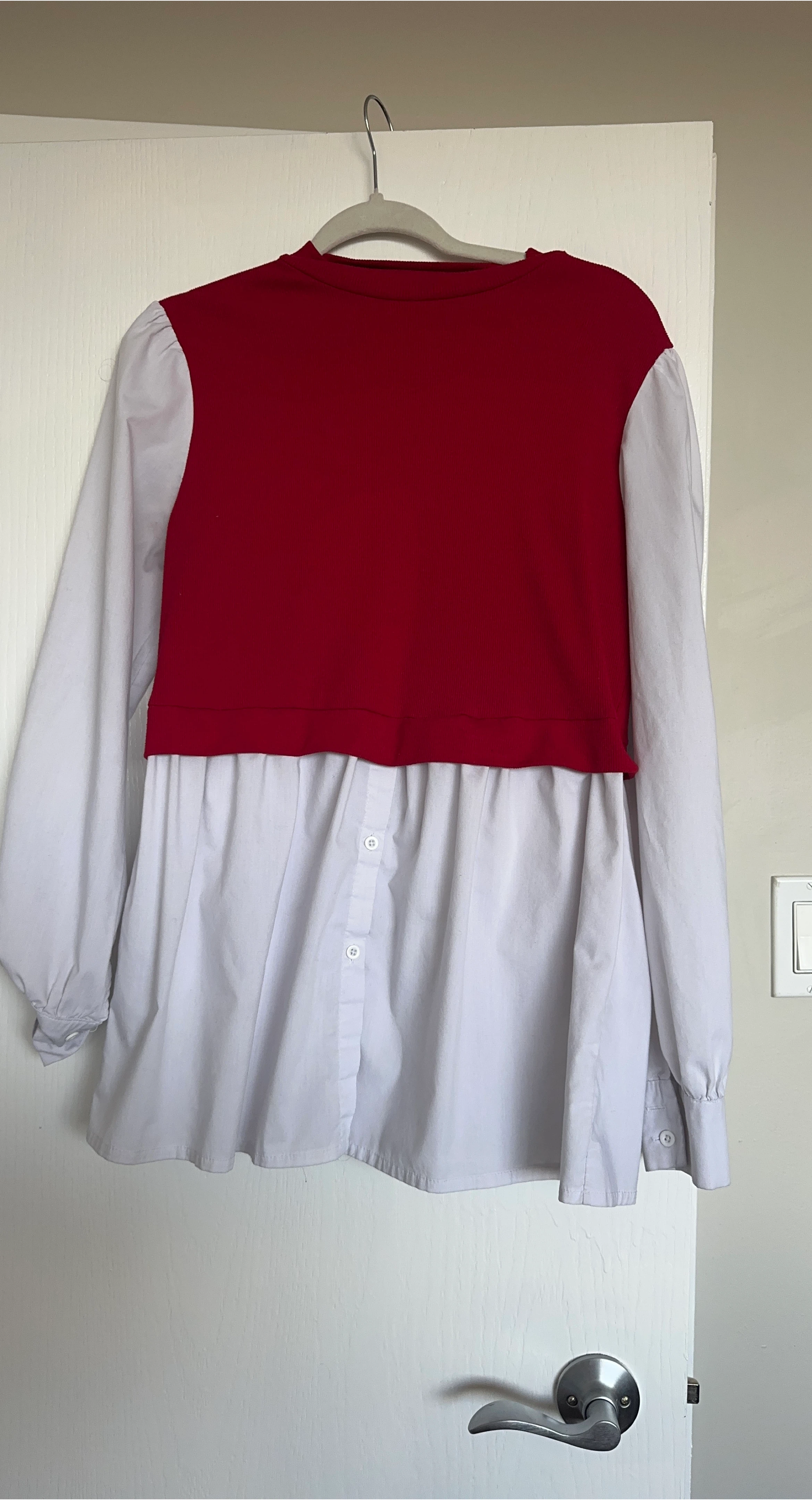 Red and White Button-Down Shirt with Ribbed Top