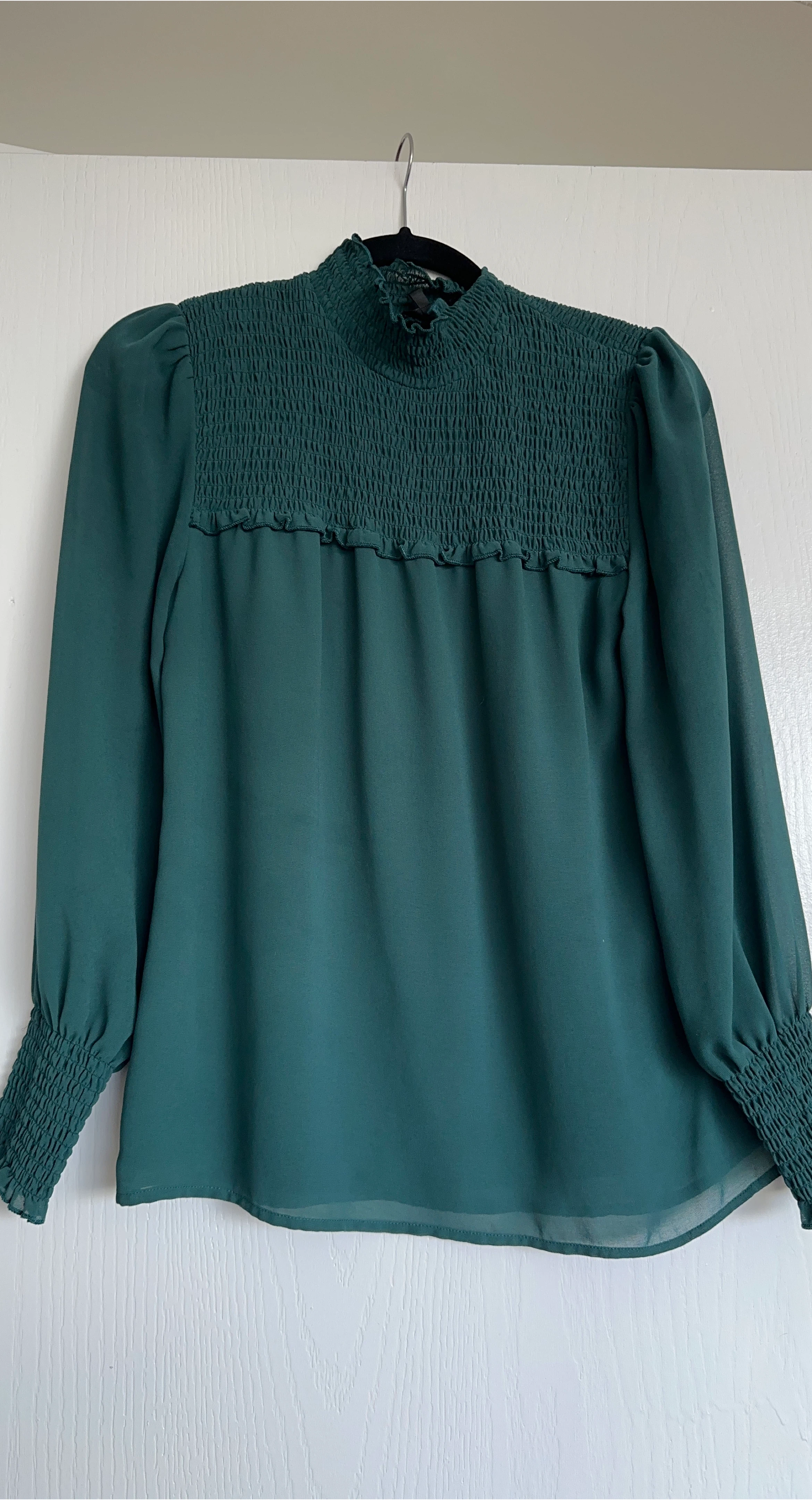 Green Smocked Mock Neck Blouse