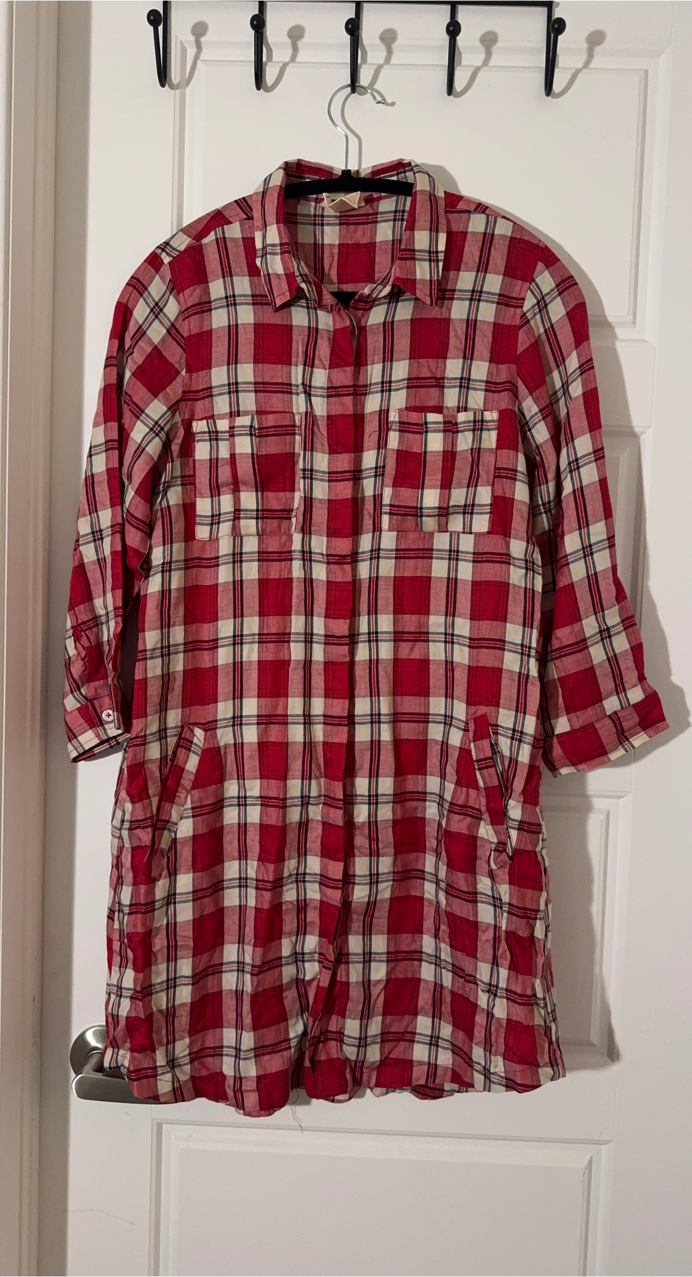 Red Plaid Button-Up Shirt Dress