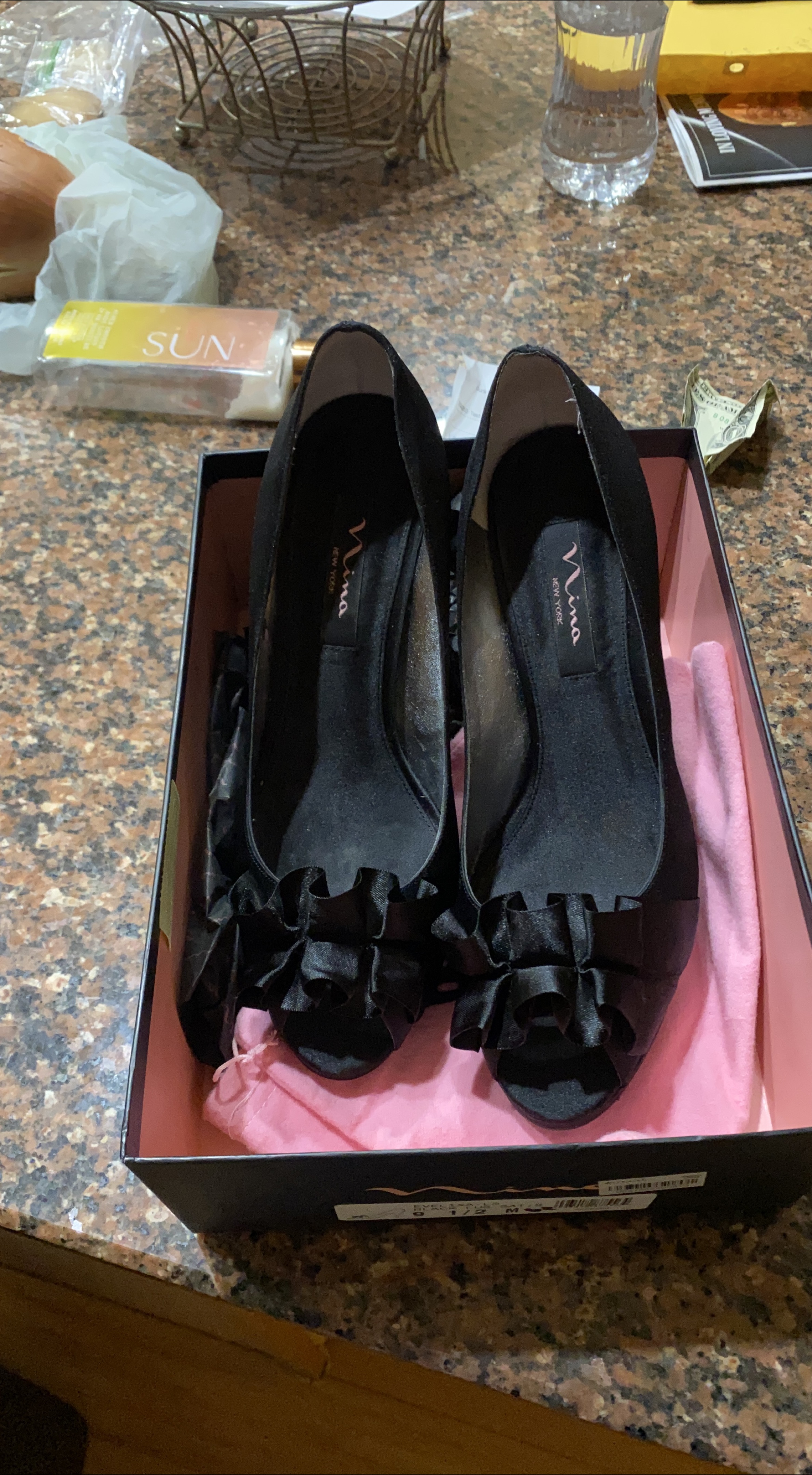 Nina Women's Black Satin Peep-Toe Heels