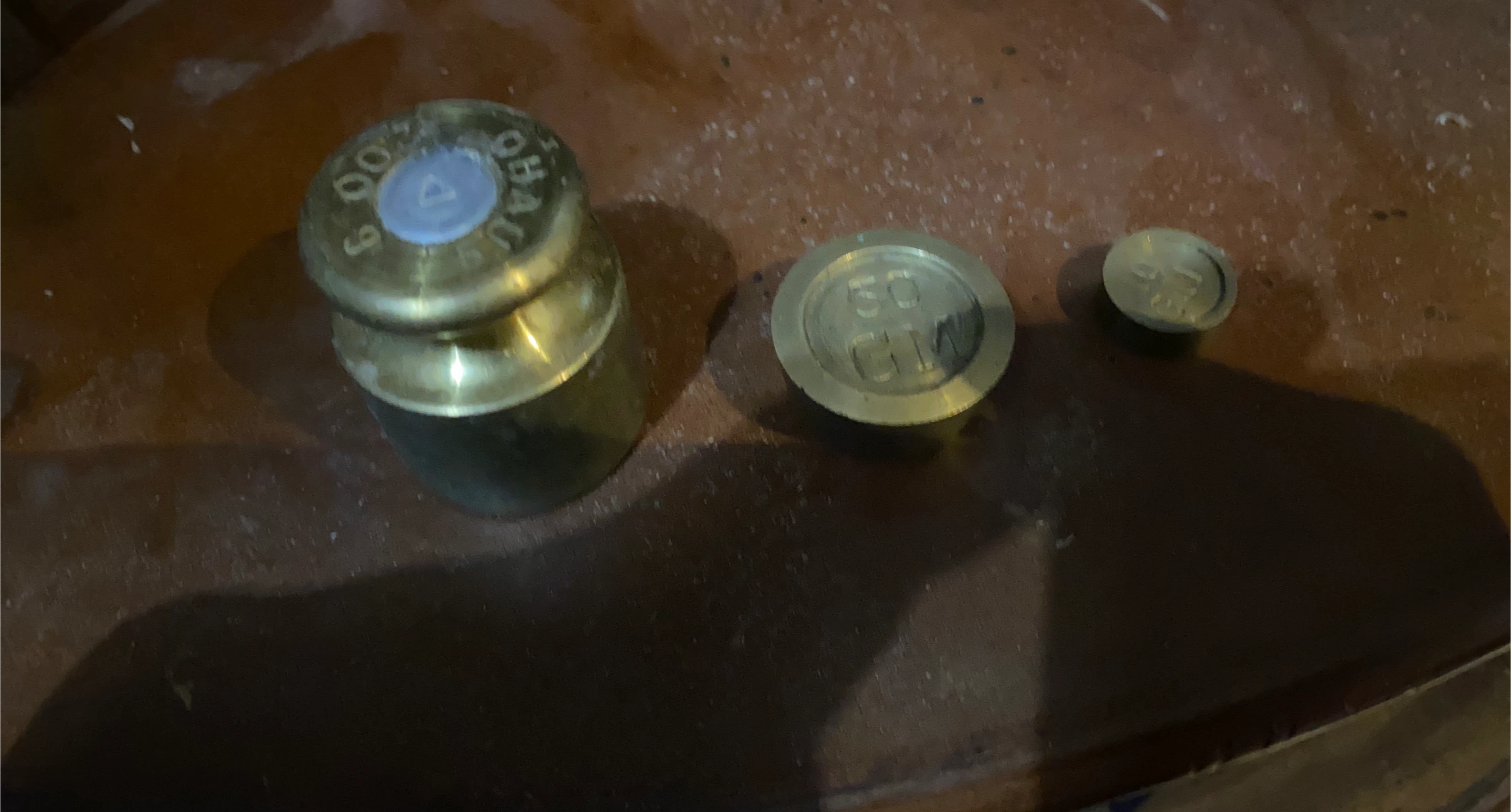 Set of 3 Brass Calibration Weights (100g, 50g, 20g)