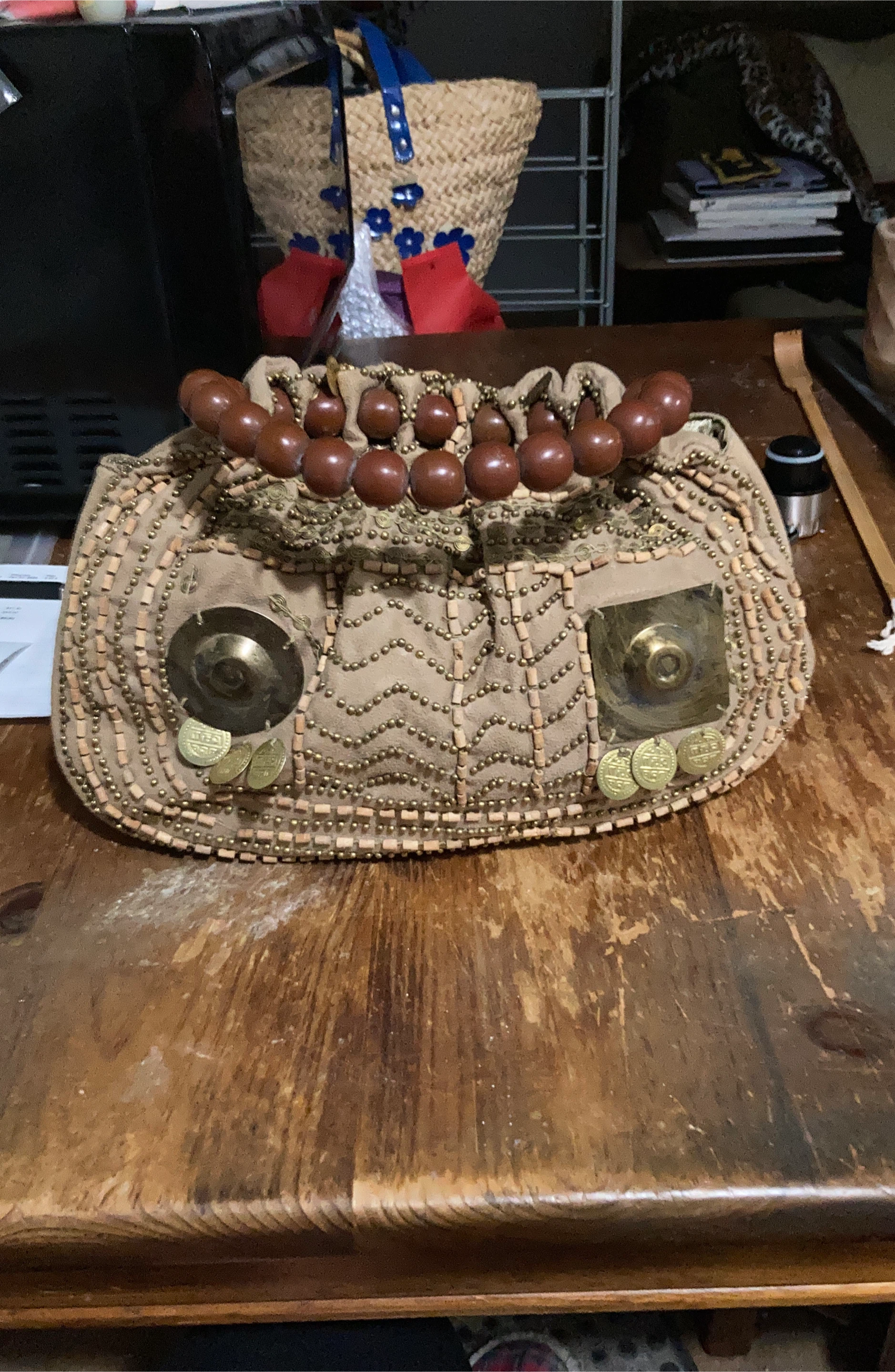 Beaded Clutch Purse with Wooden Handle