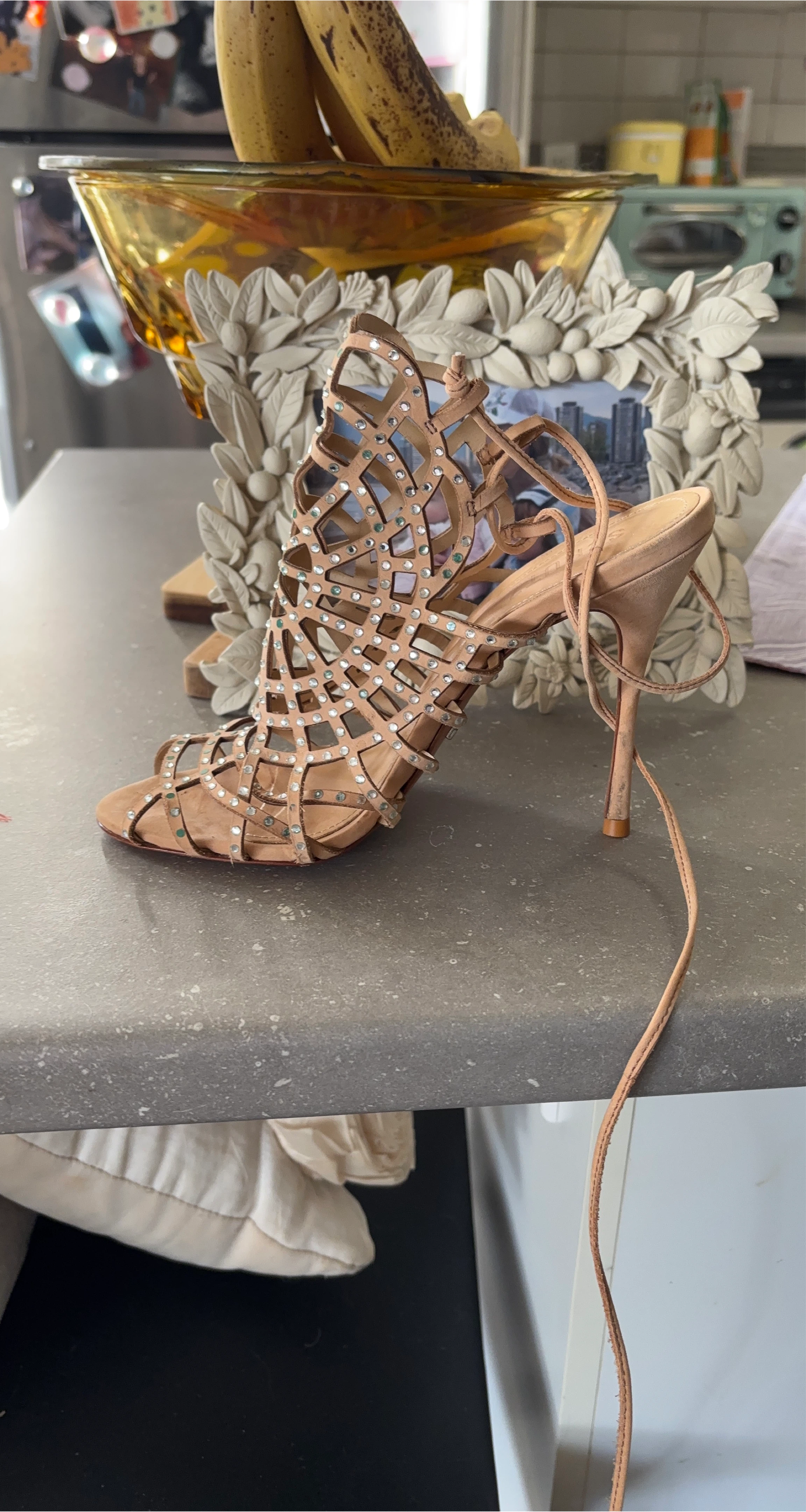 Designer Tan Strappy Heels with Rhinestones