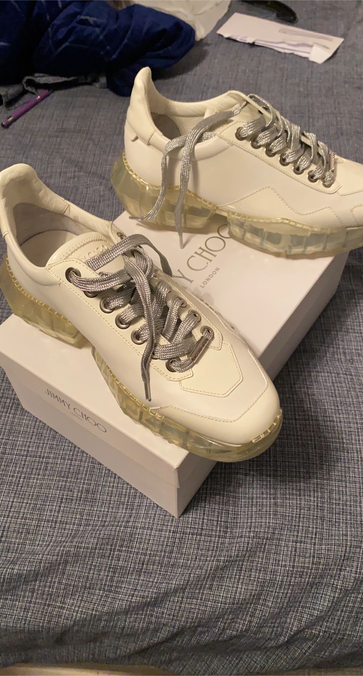 Jimmy Choo White Leather Sneakers with Clear Soles