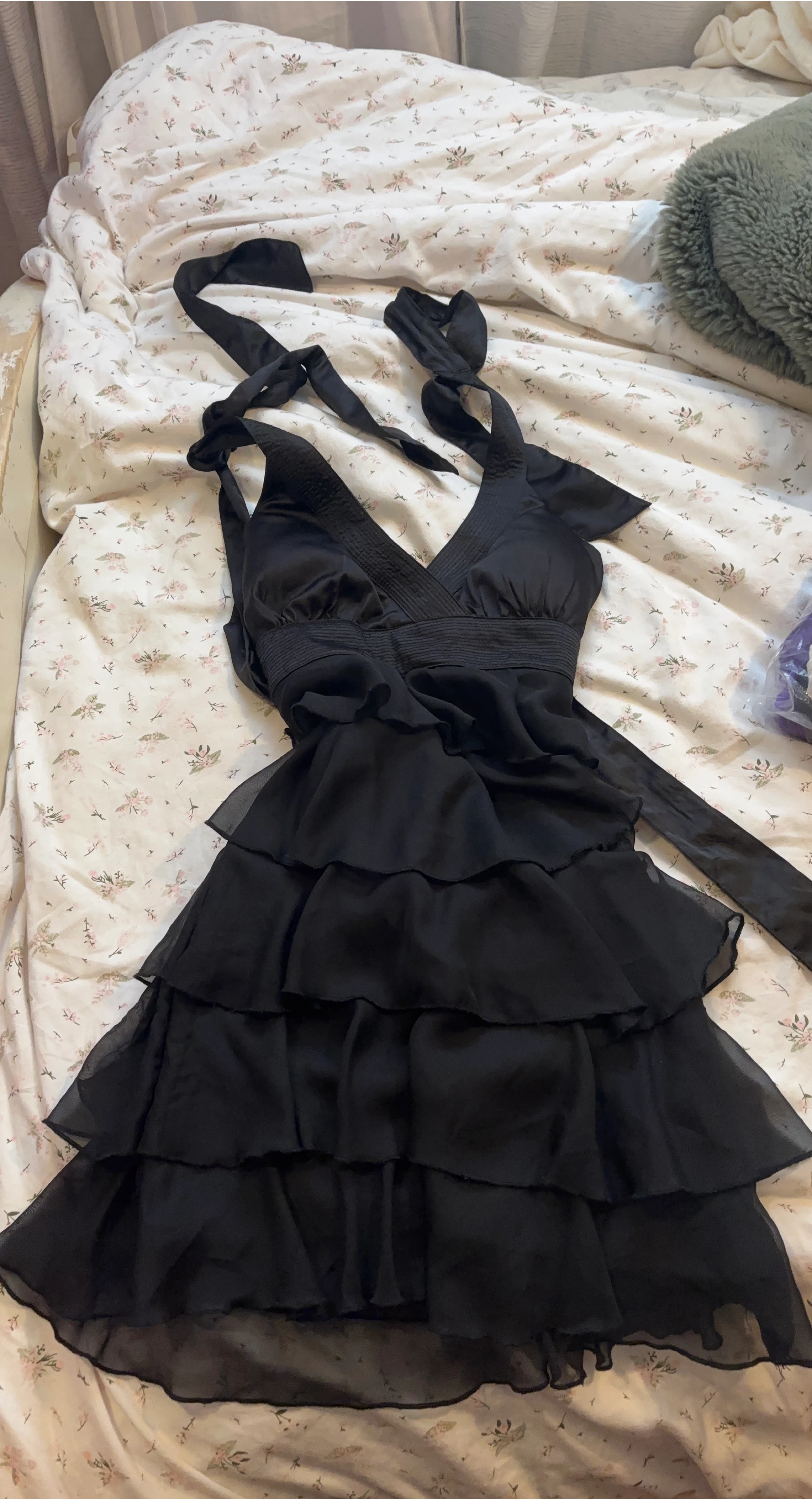 Black Chiffon Tiered Halter Dress
