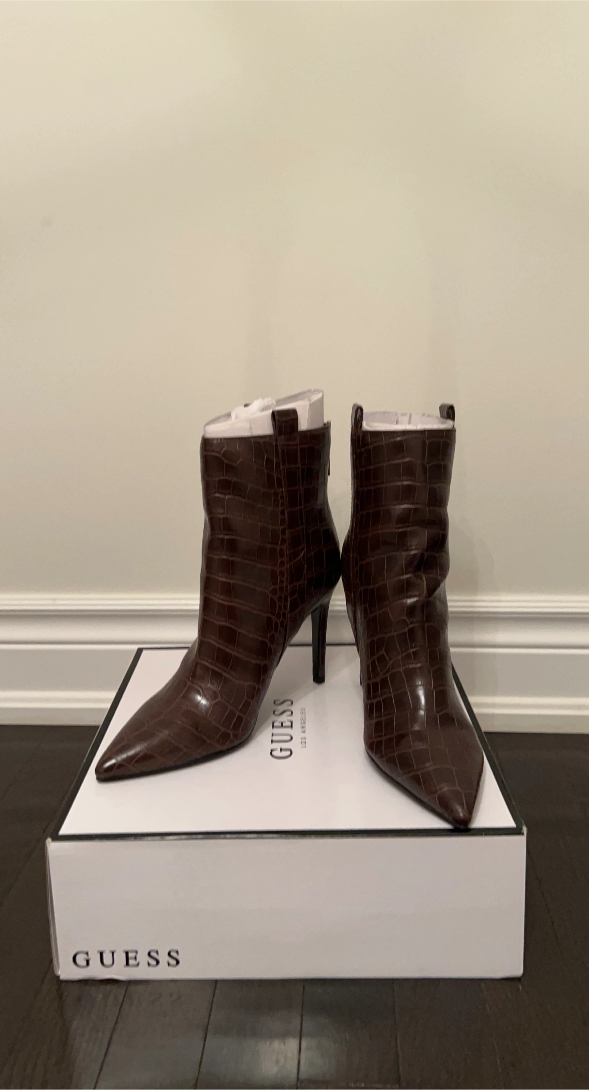 GUESS Brown Crocodile Embossed Heeled Ankle Boots