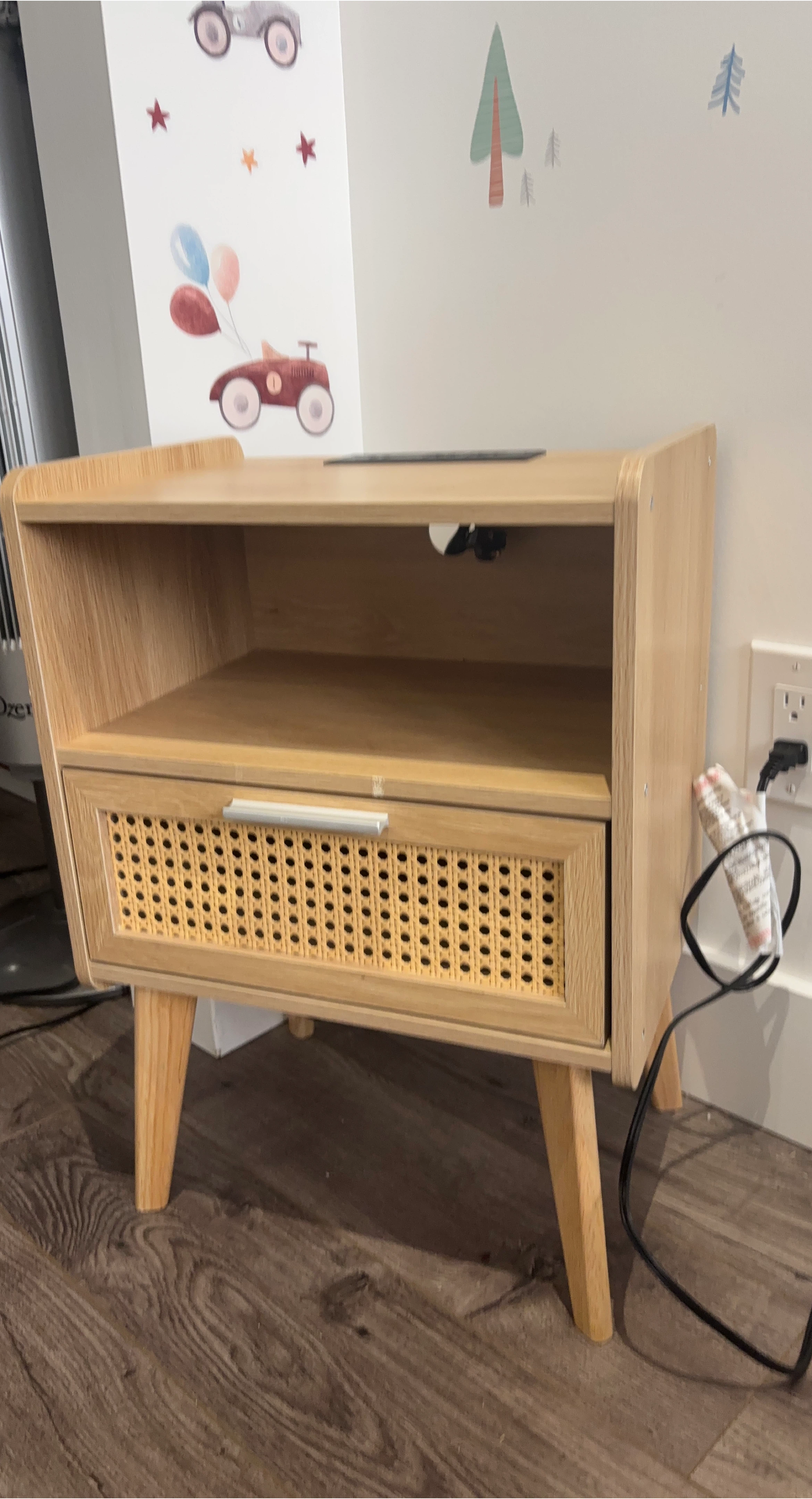 Wooden Nightstand with Rattan Drawer