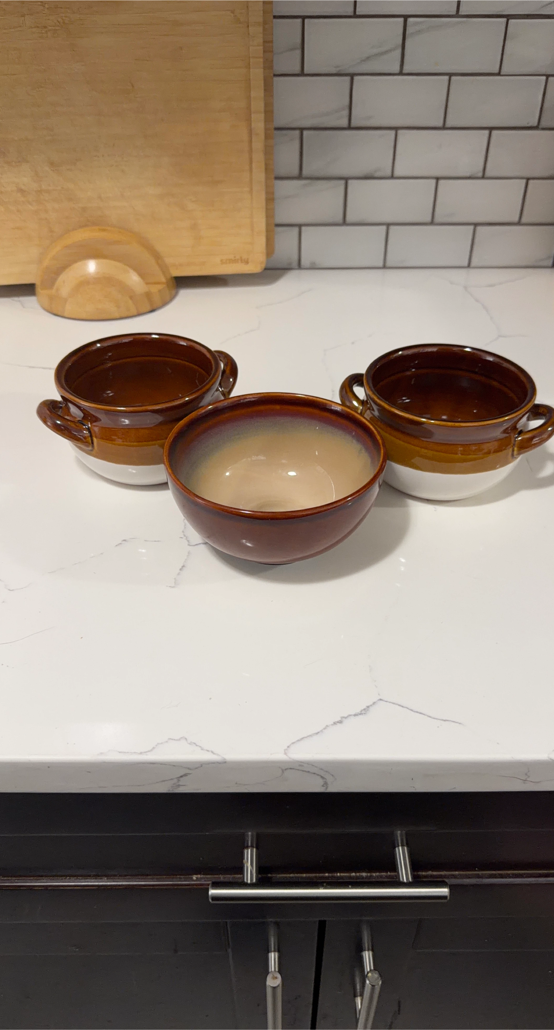 Set of 3 Brown and White Ceramic Soup Bowls with Handles