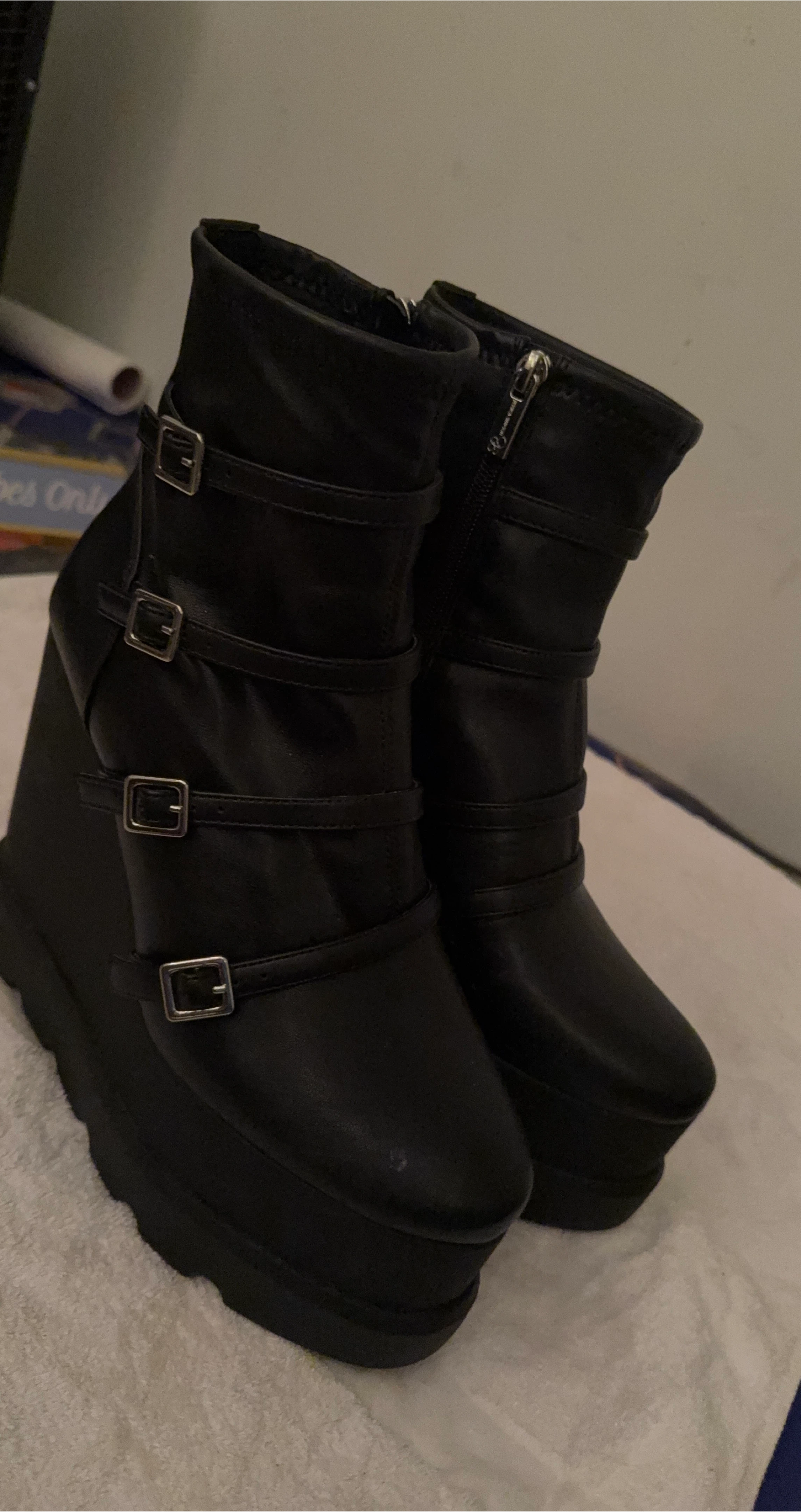 Black Wedge Platform Boots with Buckles - Size 10M