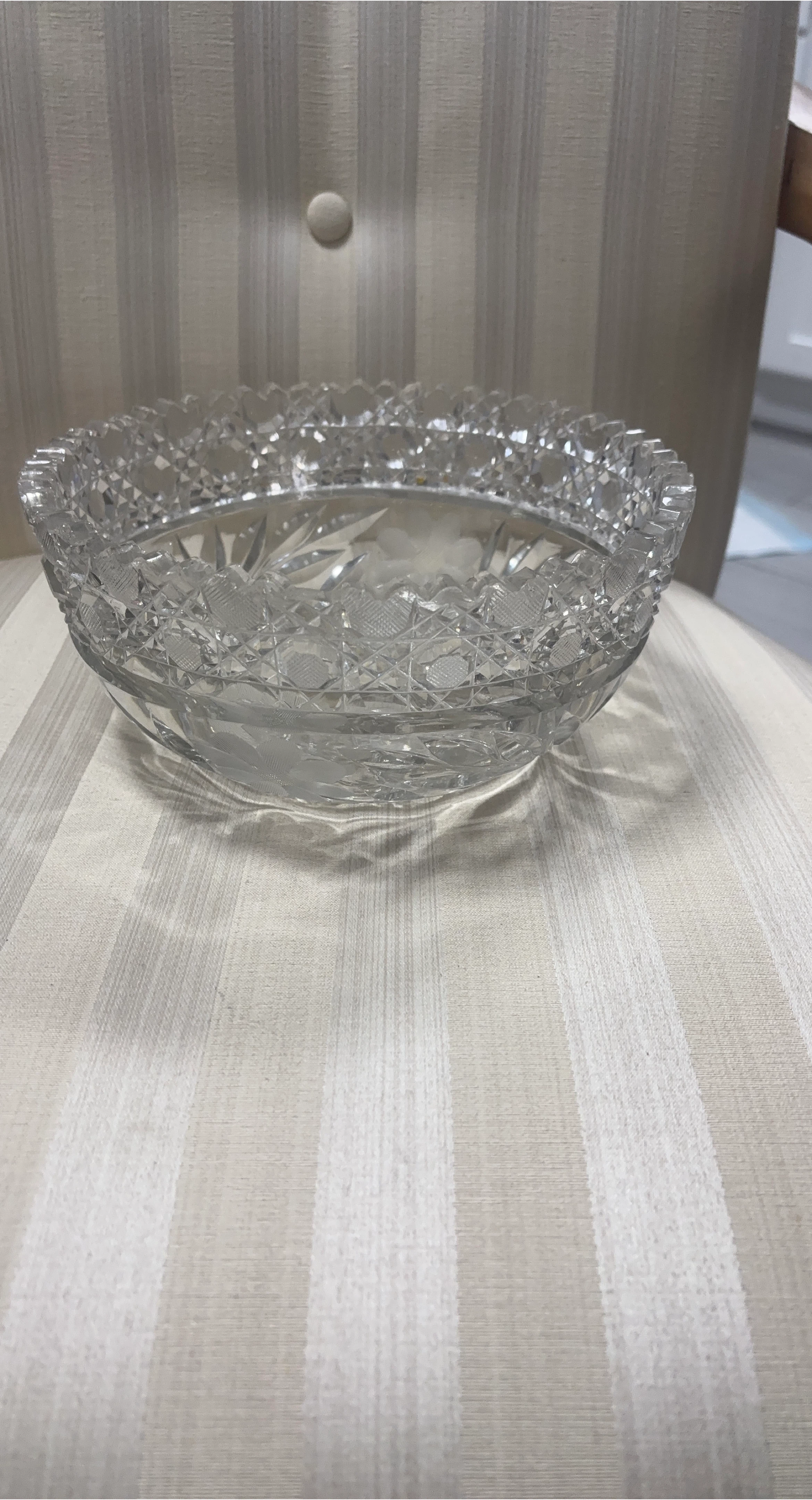 Vintage Crystal Cut Glass Bowl with Floral Etching