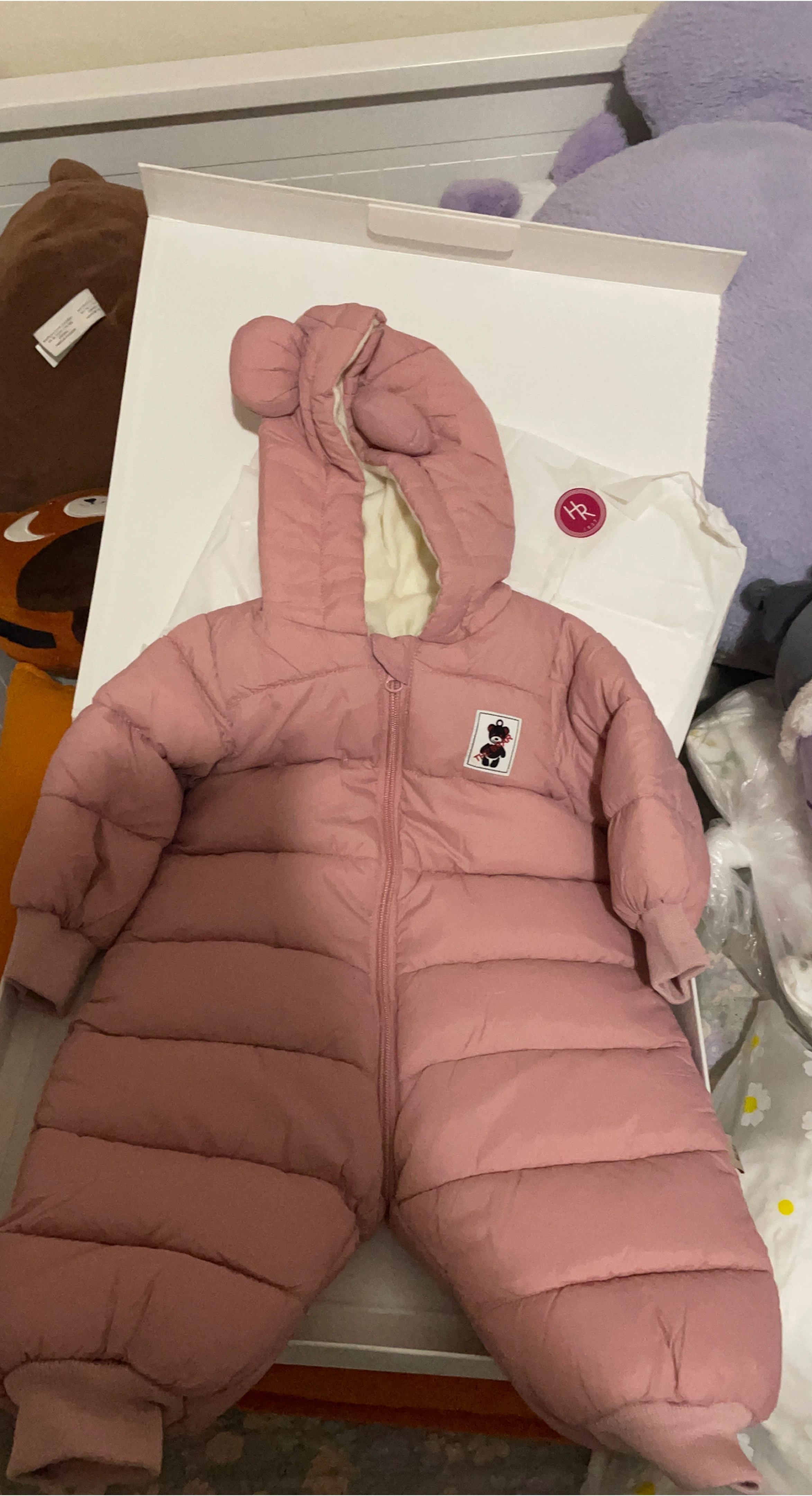 Max Mara Baby Pink Puffer Snowsuit with Hood and Ears