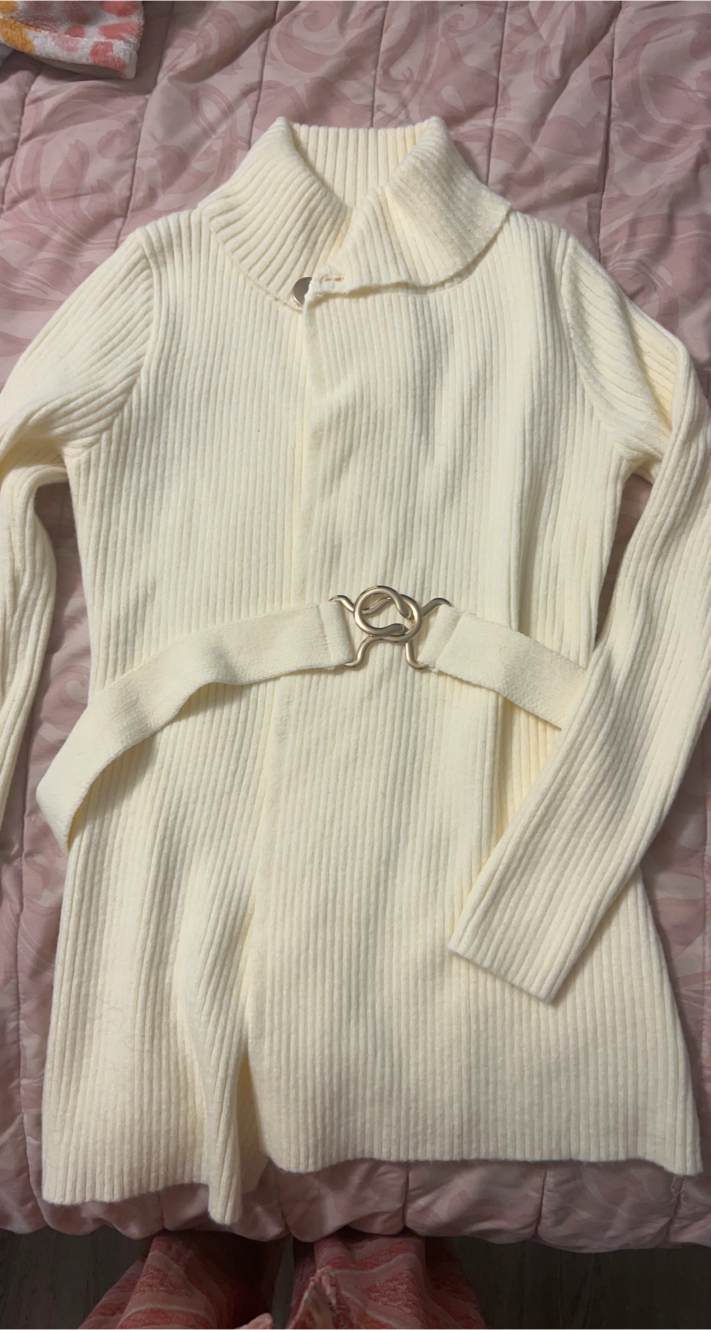 Cream Ribbed Knit Sweater Dress with Belt