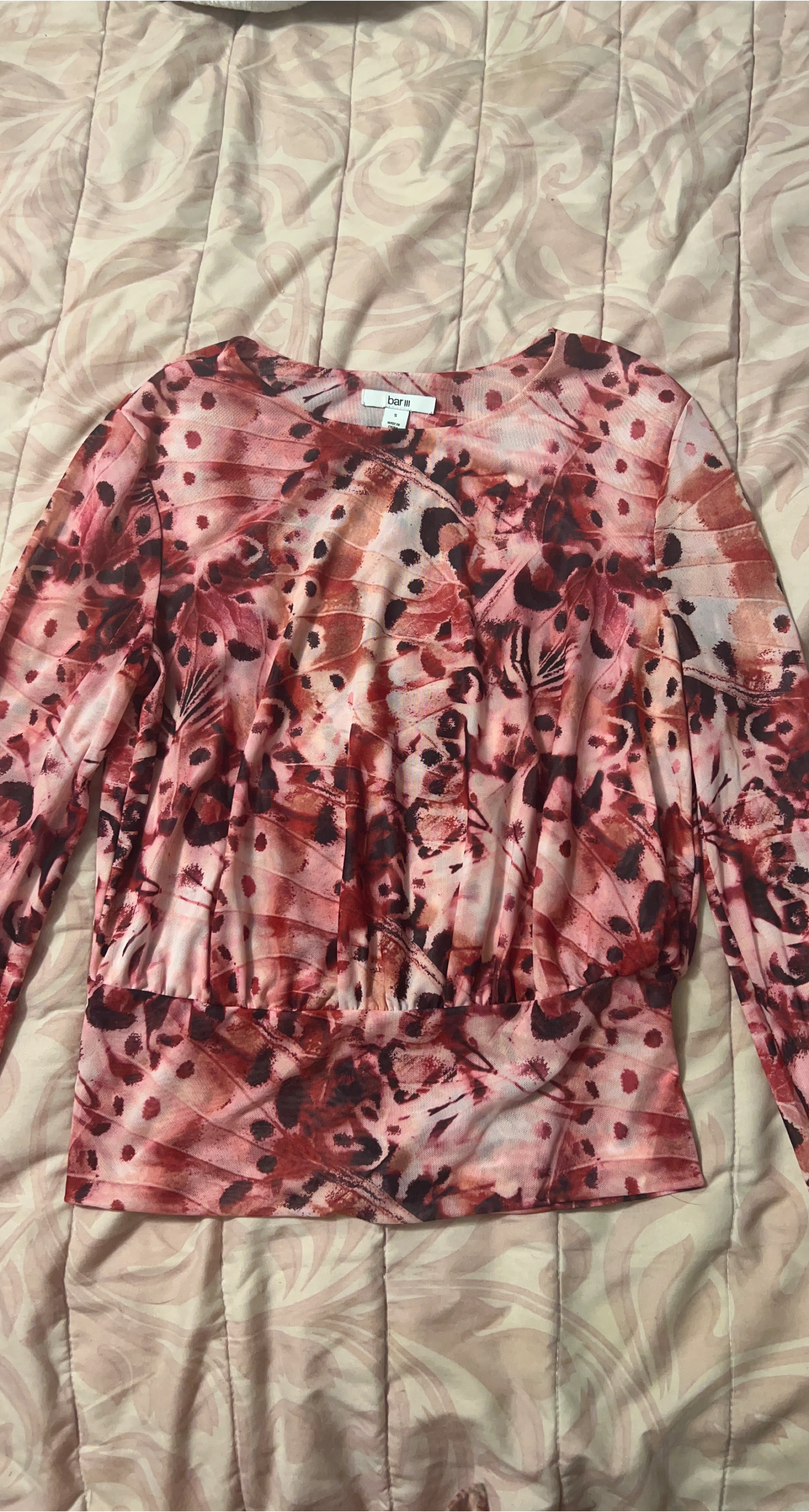 Bar III Butterfly Print Mesh Long Sleeve Top