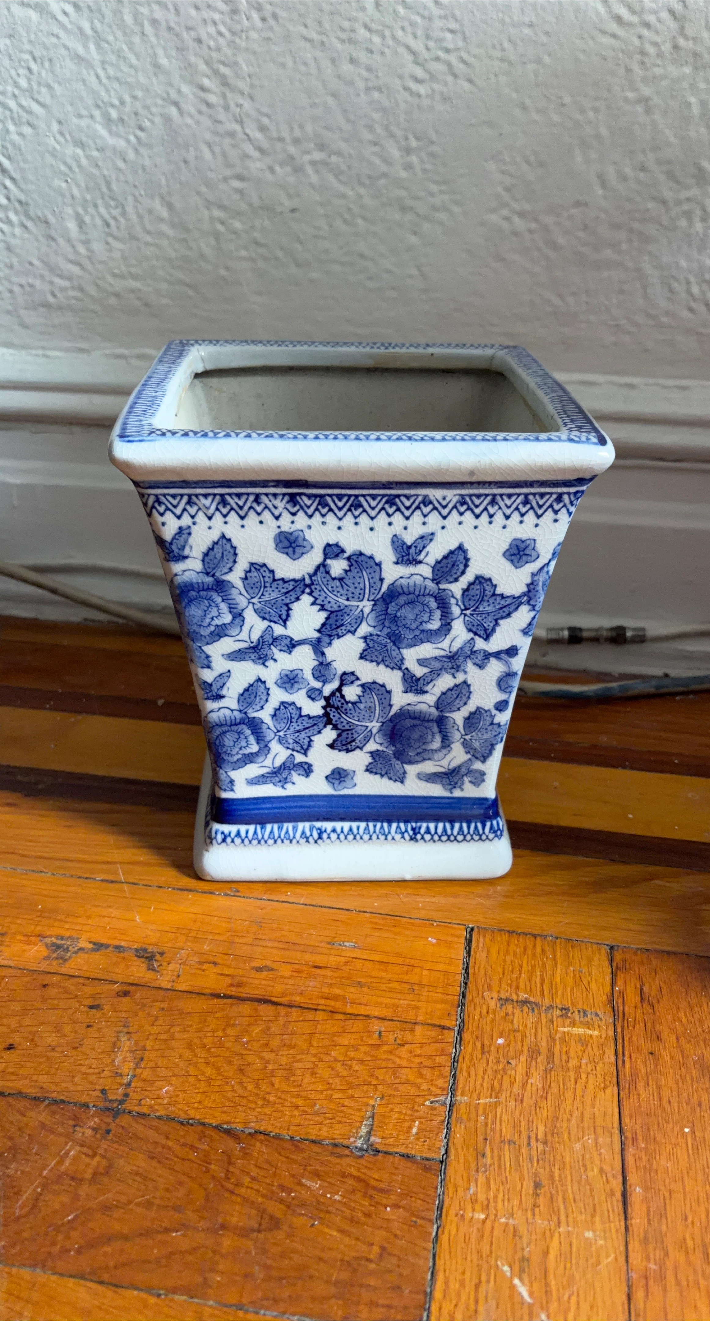 Blue and White Floral Square Ceramic Planter