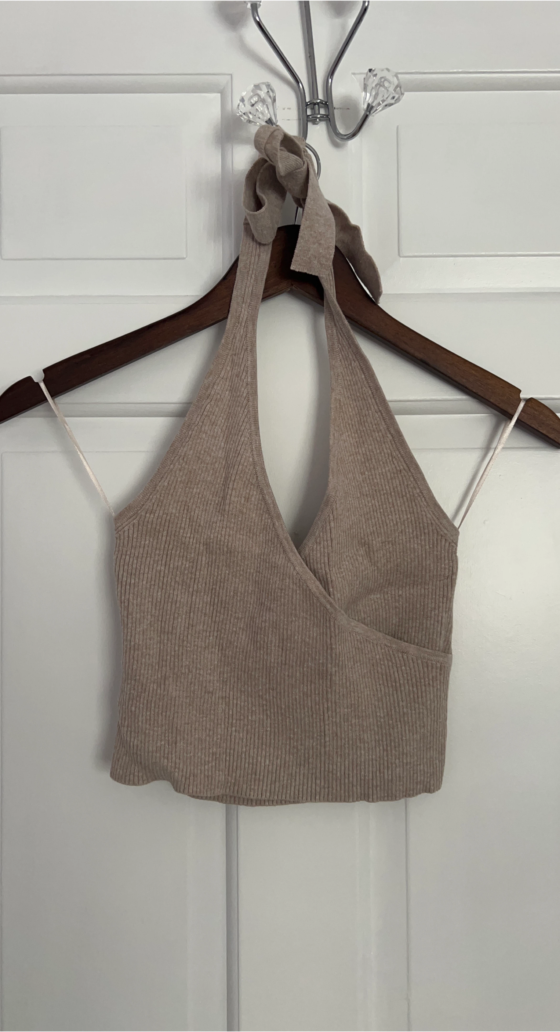 Tan Ribbed Halter Neck Crop Top