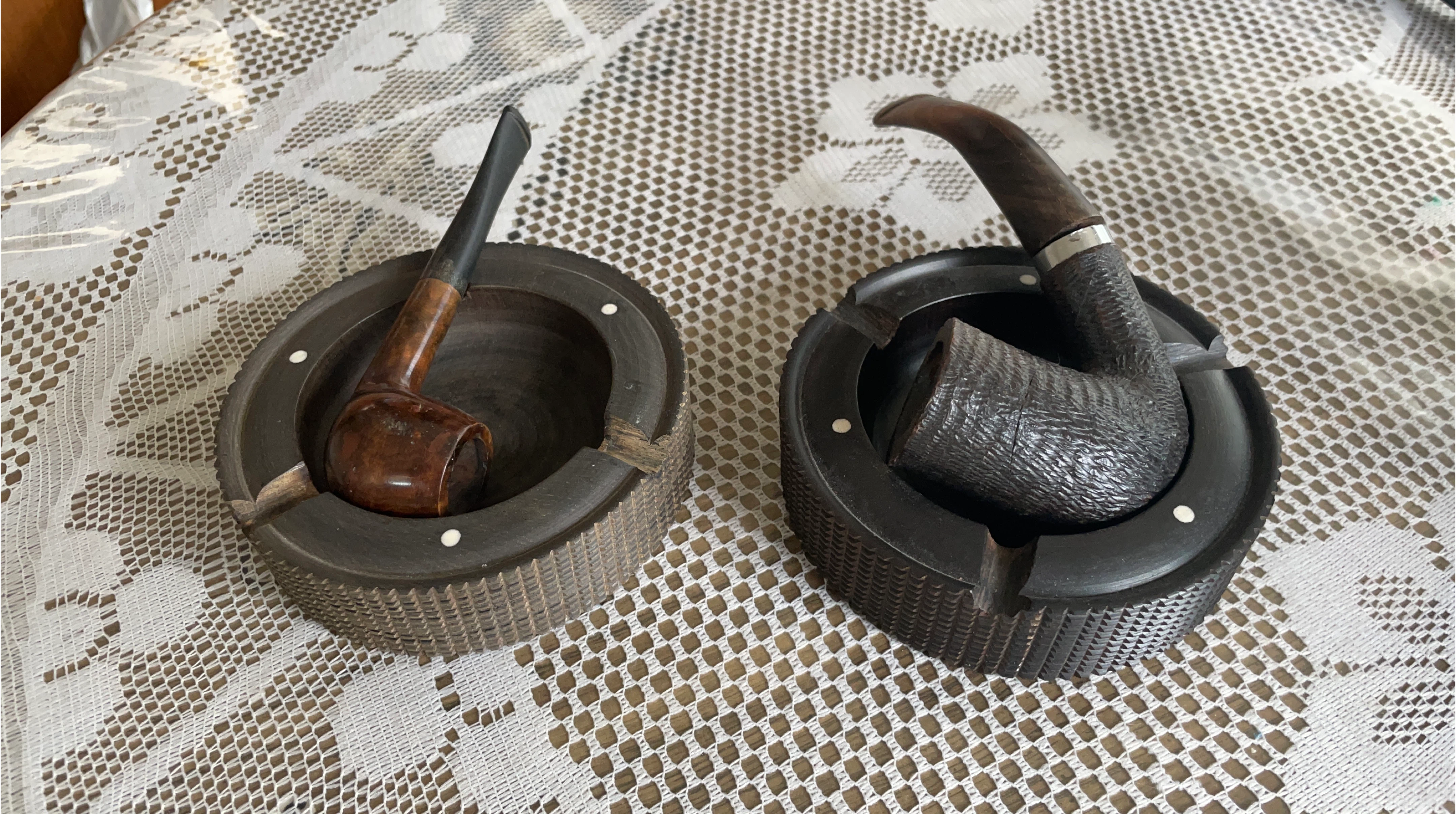 Set of 2 African Wooden Pipe Stands with Ashtrays