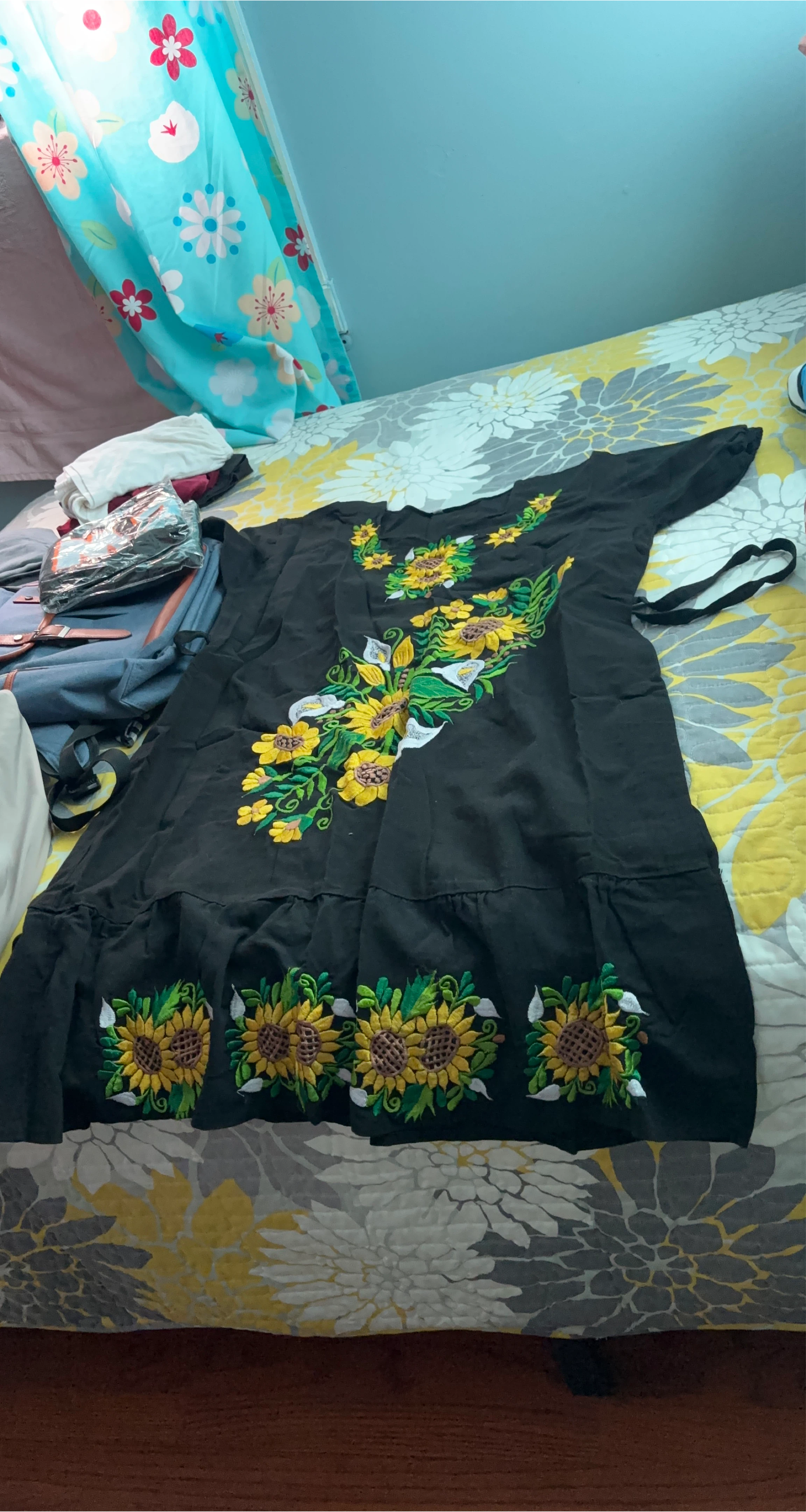 Black embroidered dress with sunflowers