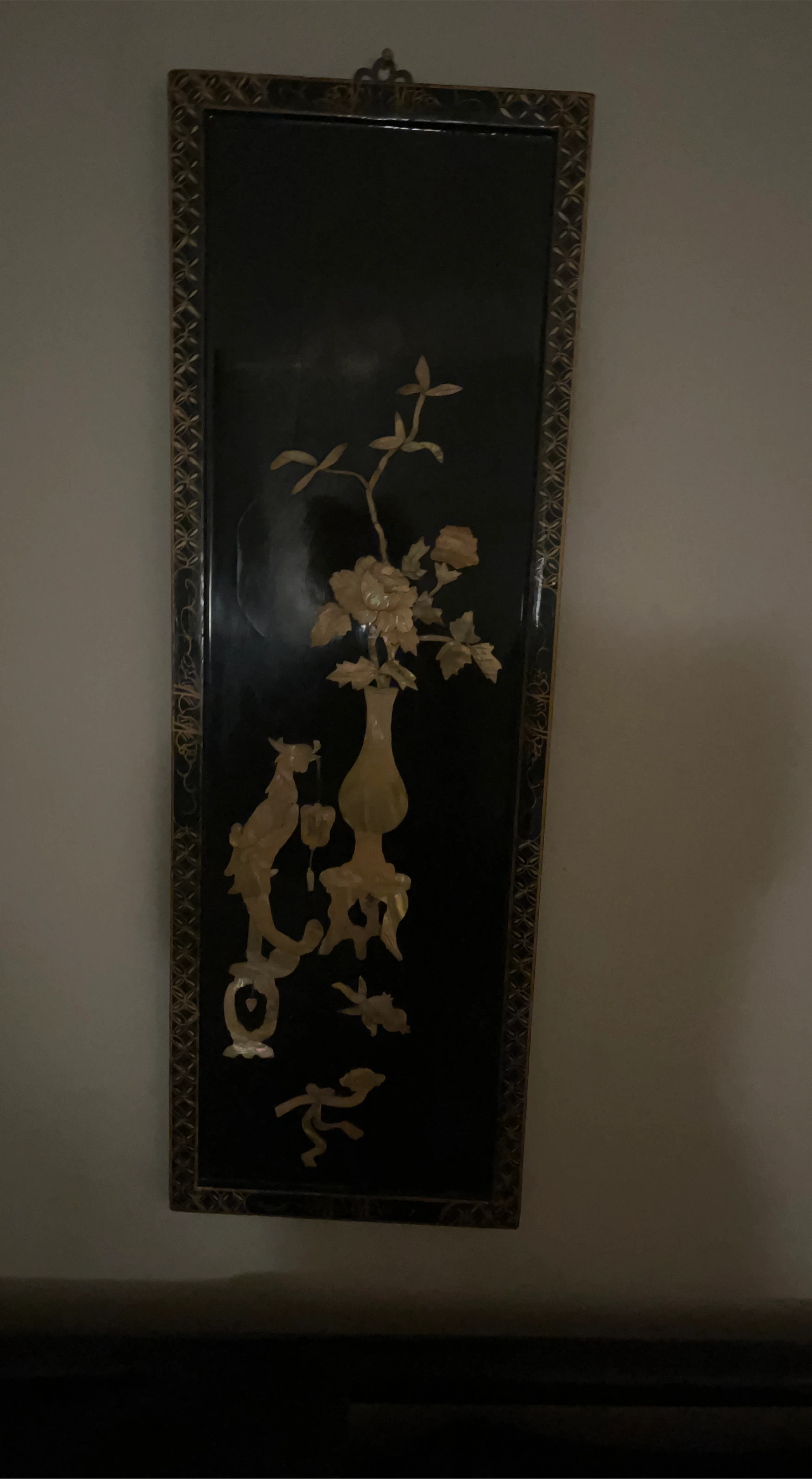 Vintage Lacquered Wall Panel with Mother of Pearl Inlay