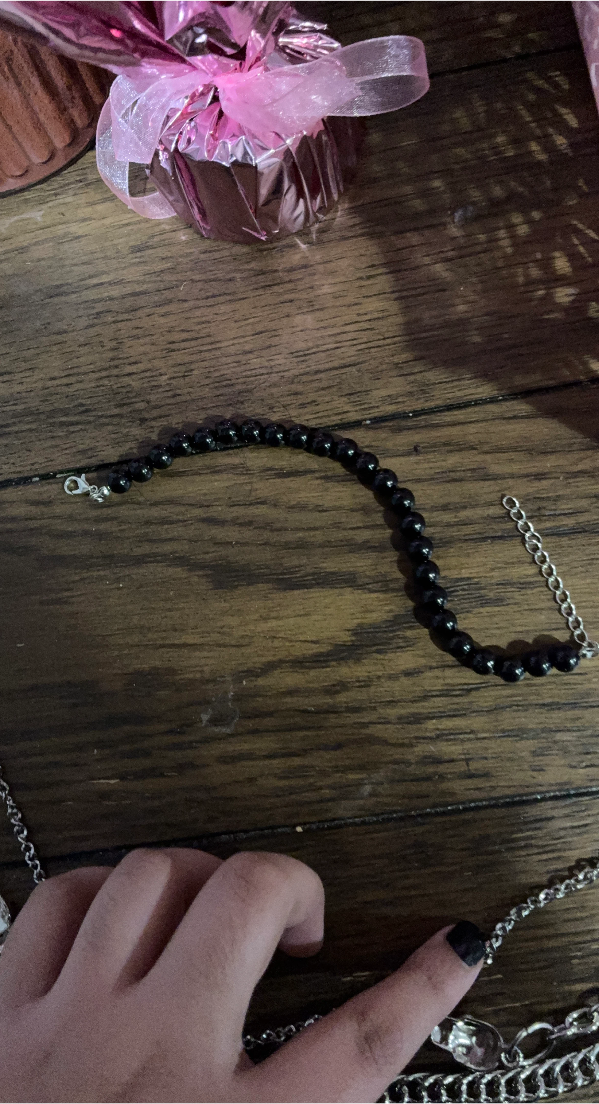 Black Beaded Bracelet with Silver Clasp