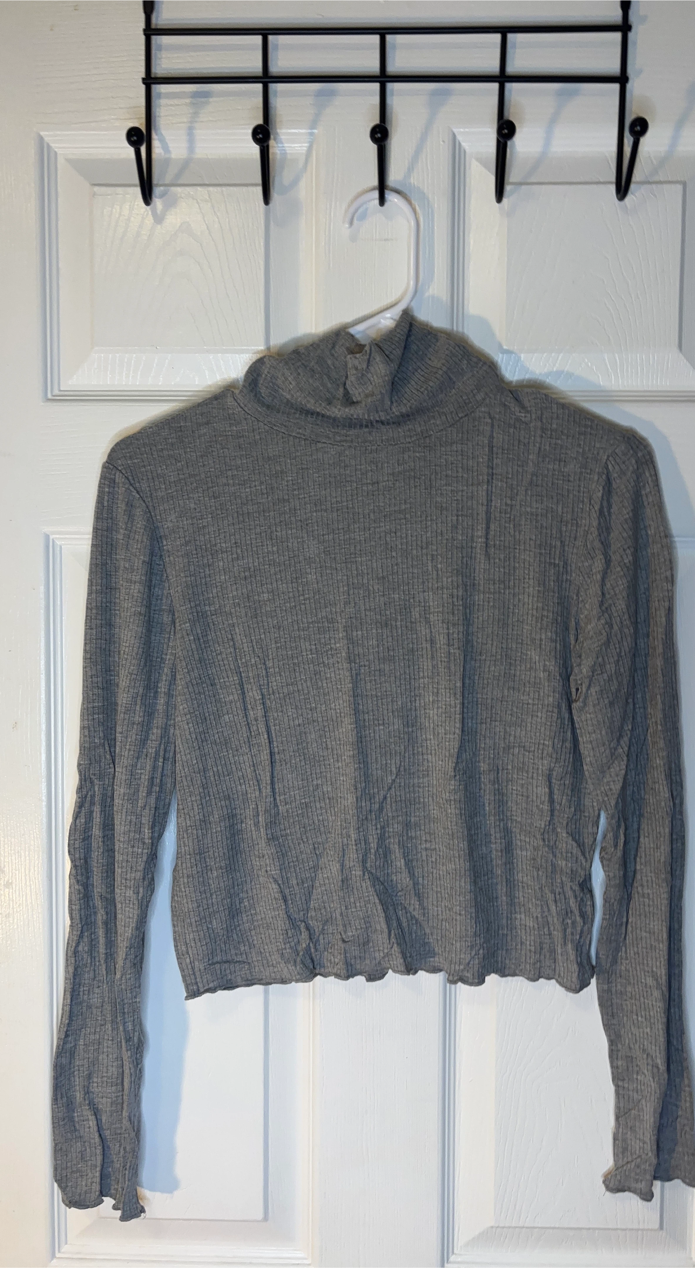 Grey Ribbed Turtleneck Long Sleeve Cropped Shirt