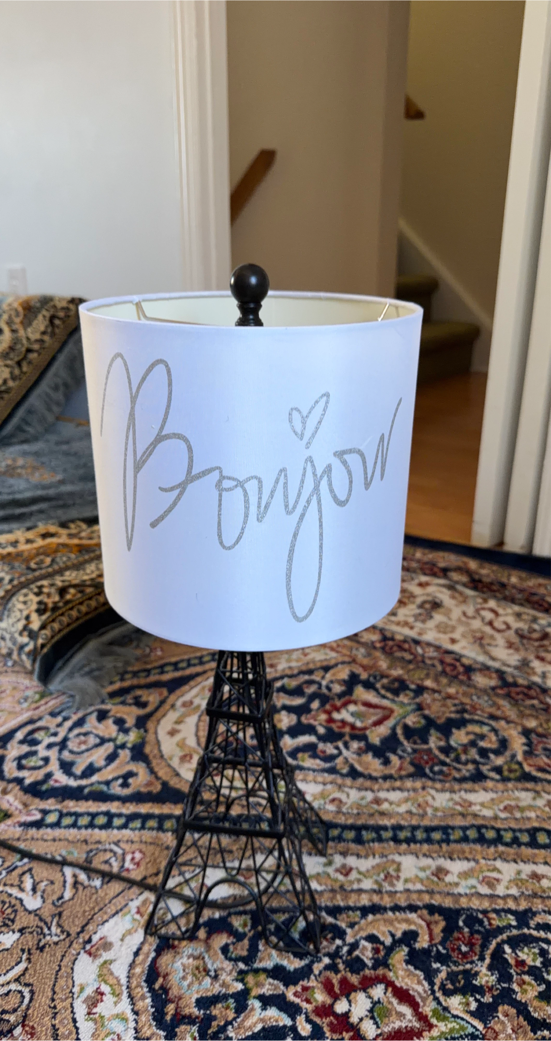 Table Lamp with Eiffel Tower Base and "Bonjour" Shade