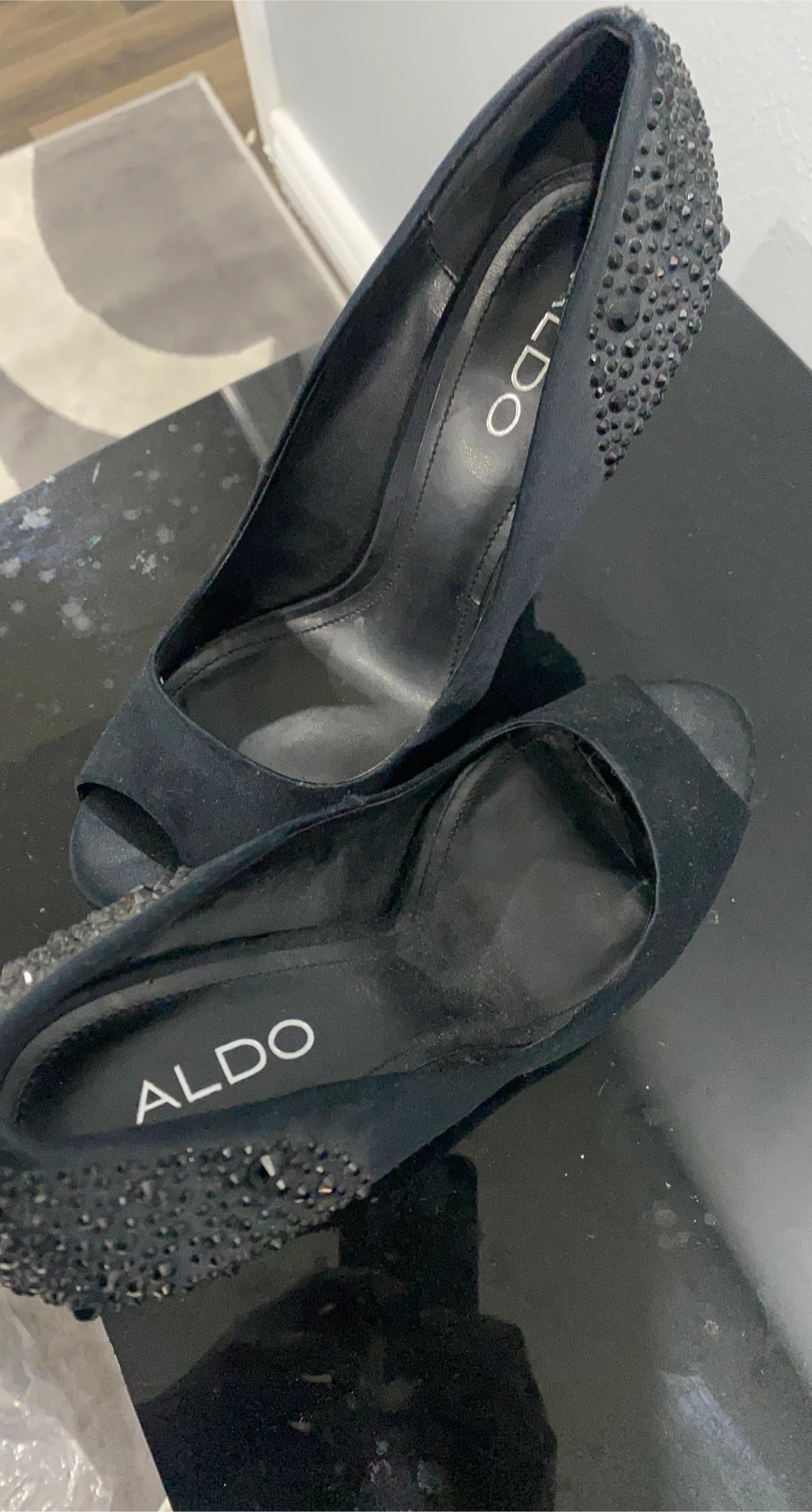 ALDO Black Embellished Peep-Toe Heels