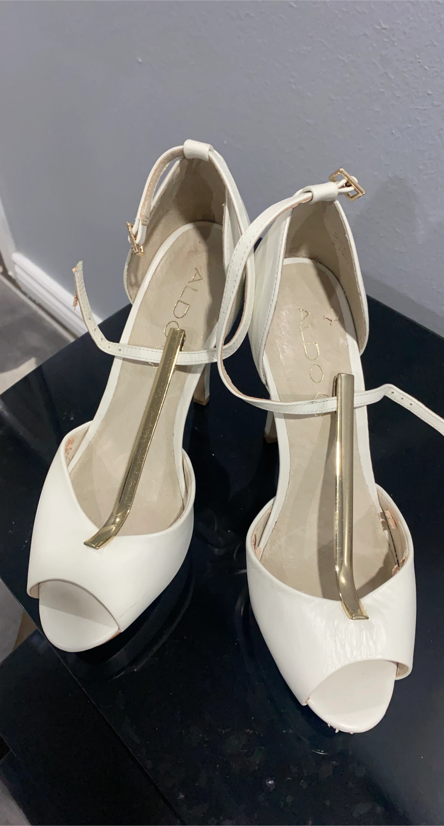 ALDO Women's White Peep-Toe Heels with Gold Accent