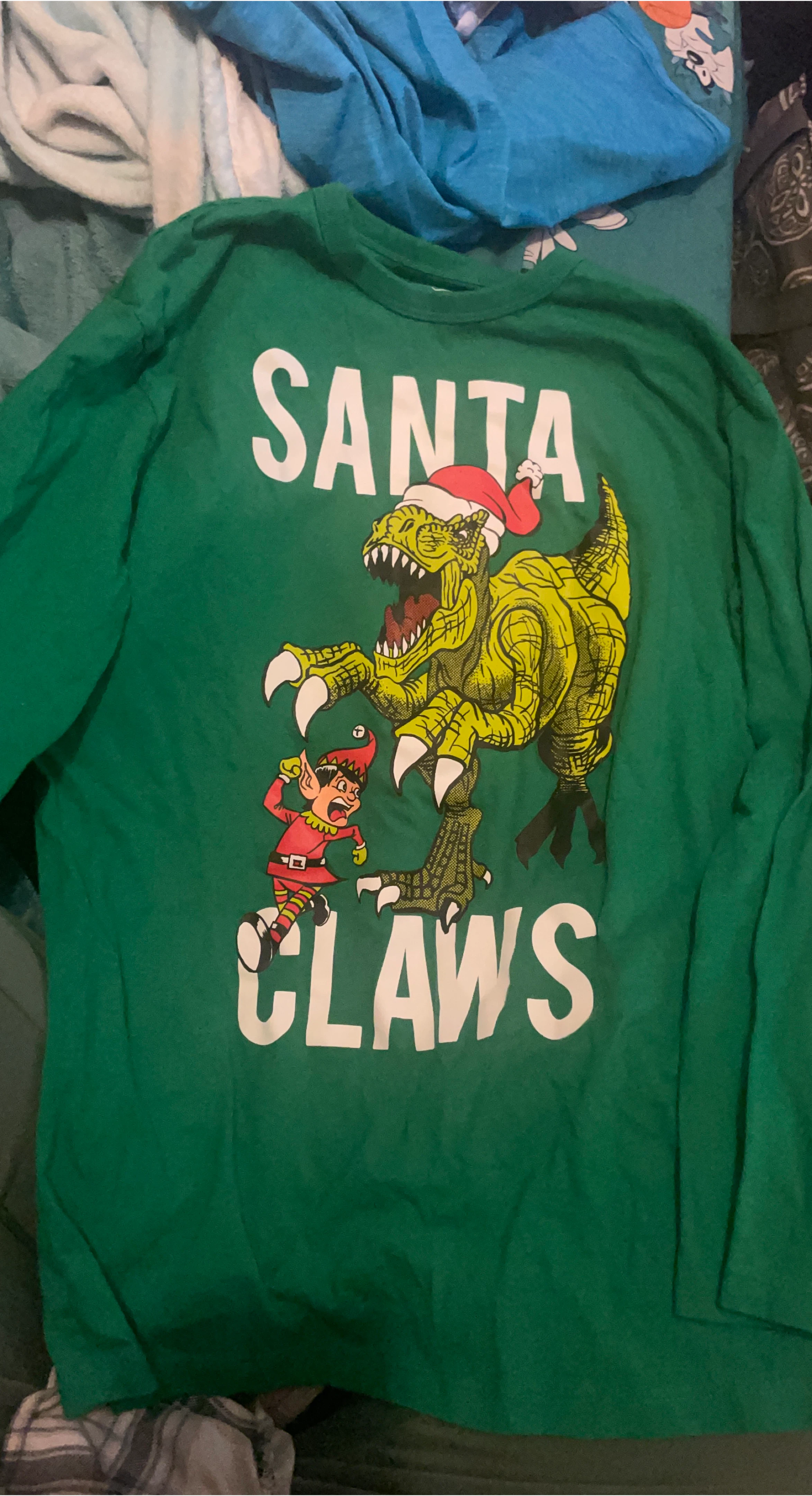 Kids Green Santa Claws Dinosaur Long Sleeve T-Shirt