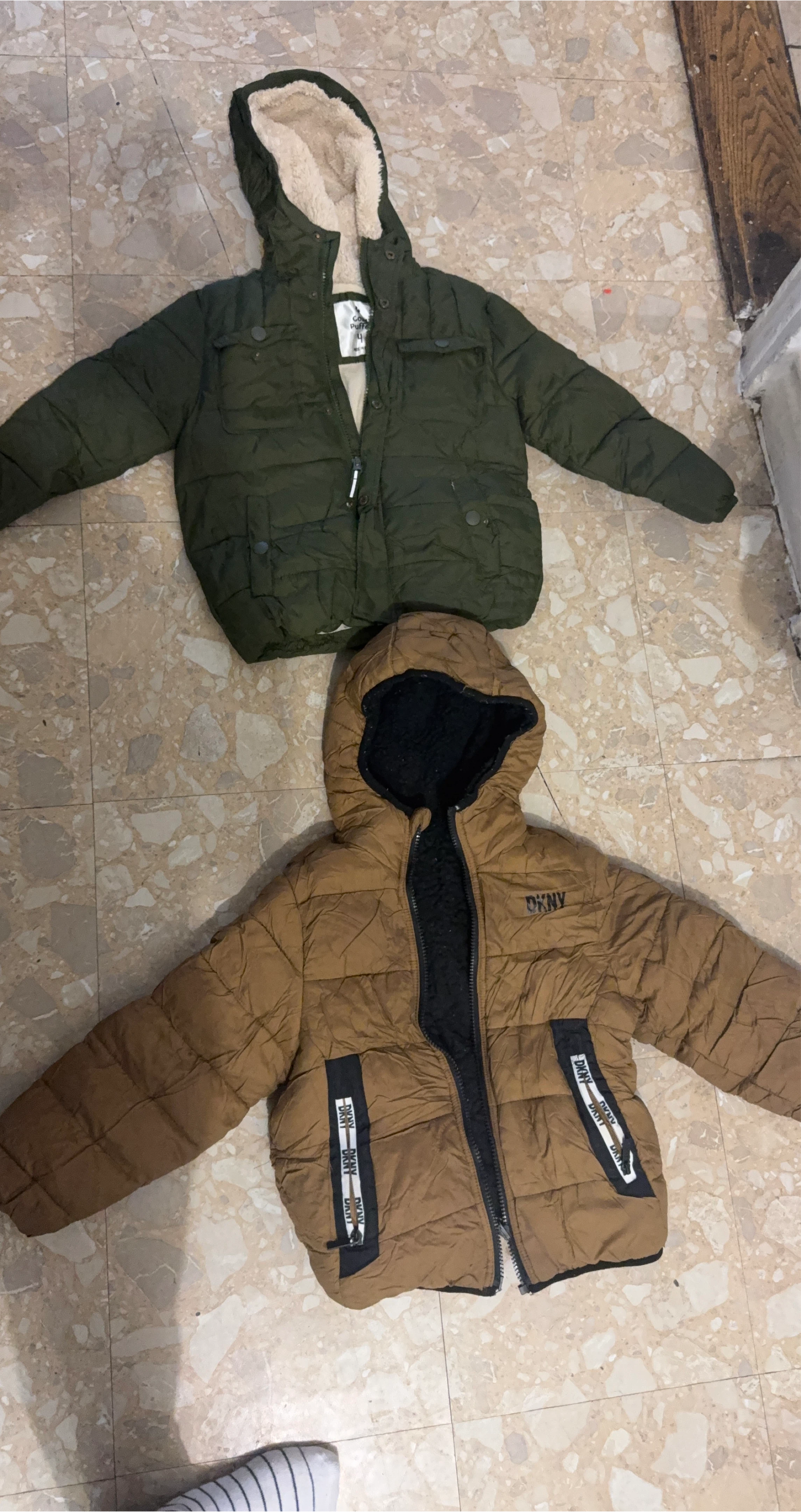 Two Kids' Puffer Jackets - Green and Tan