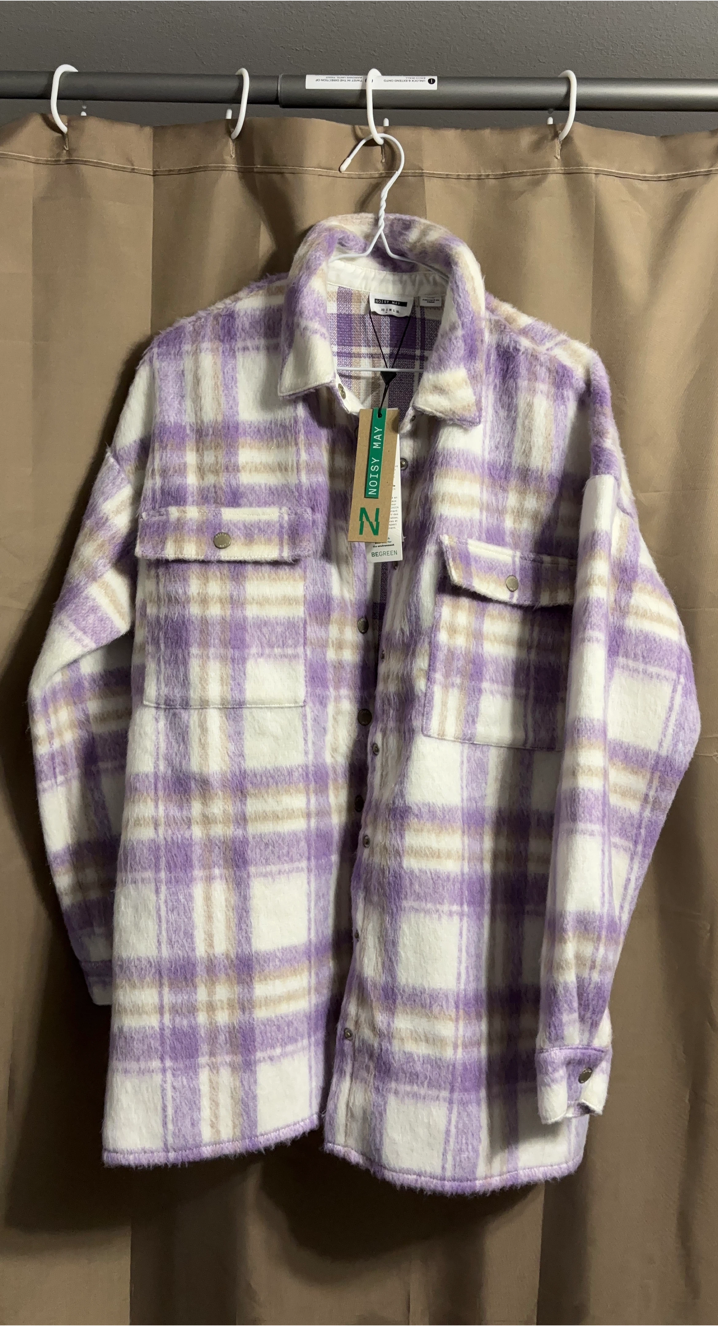NOISY MAY Plaid Flannel Shirt Jacket - Purple/White - Size S