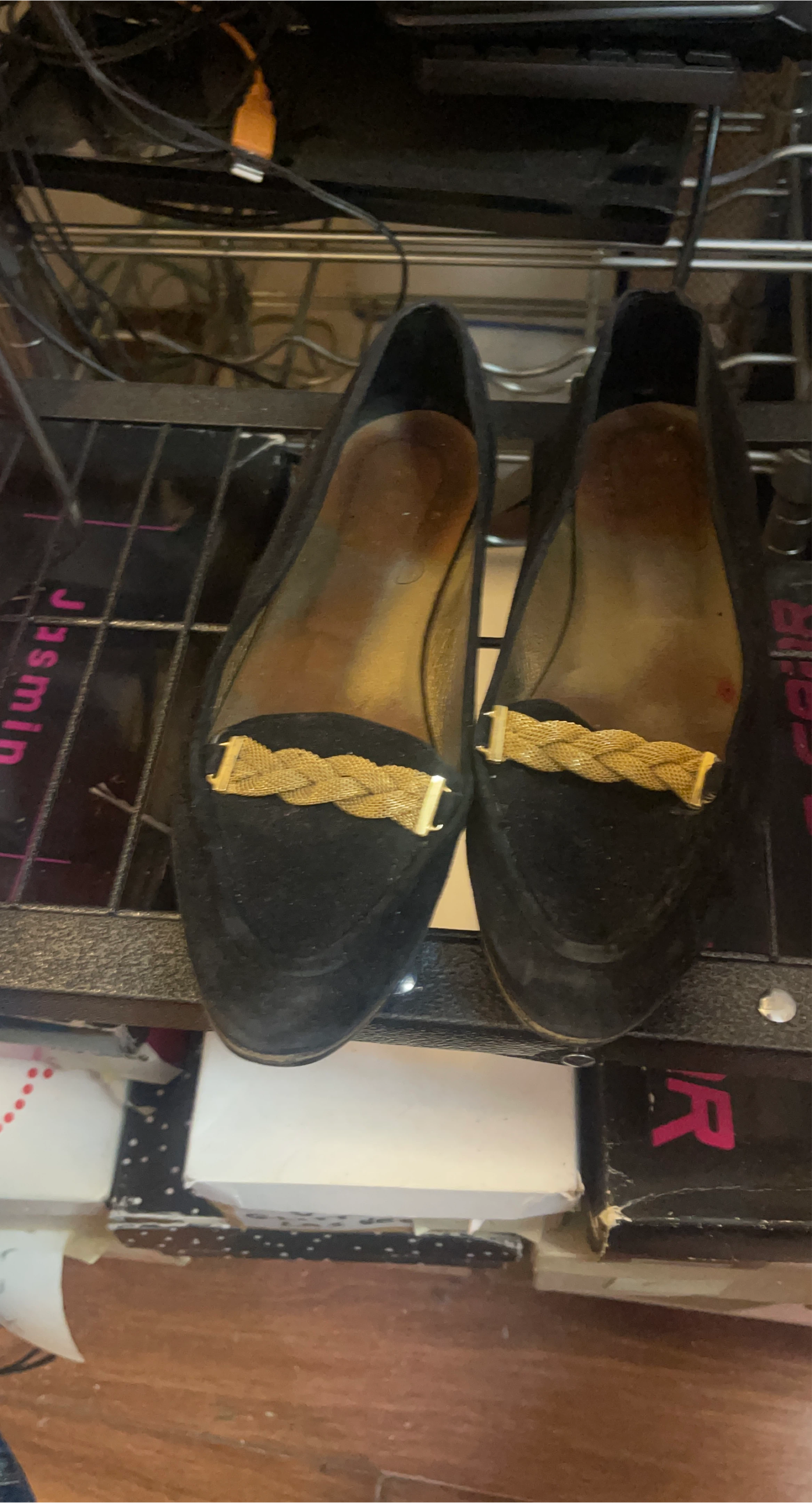 Black Suede Loafers with Gold Embellishments