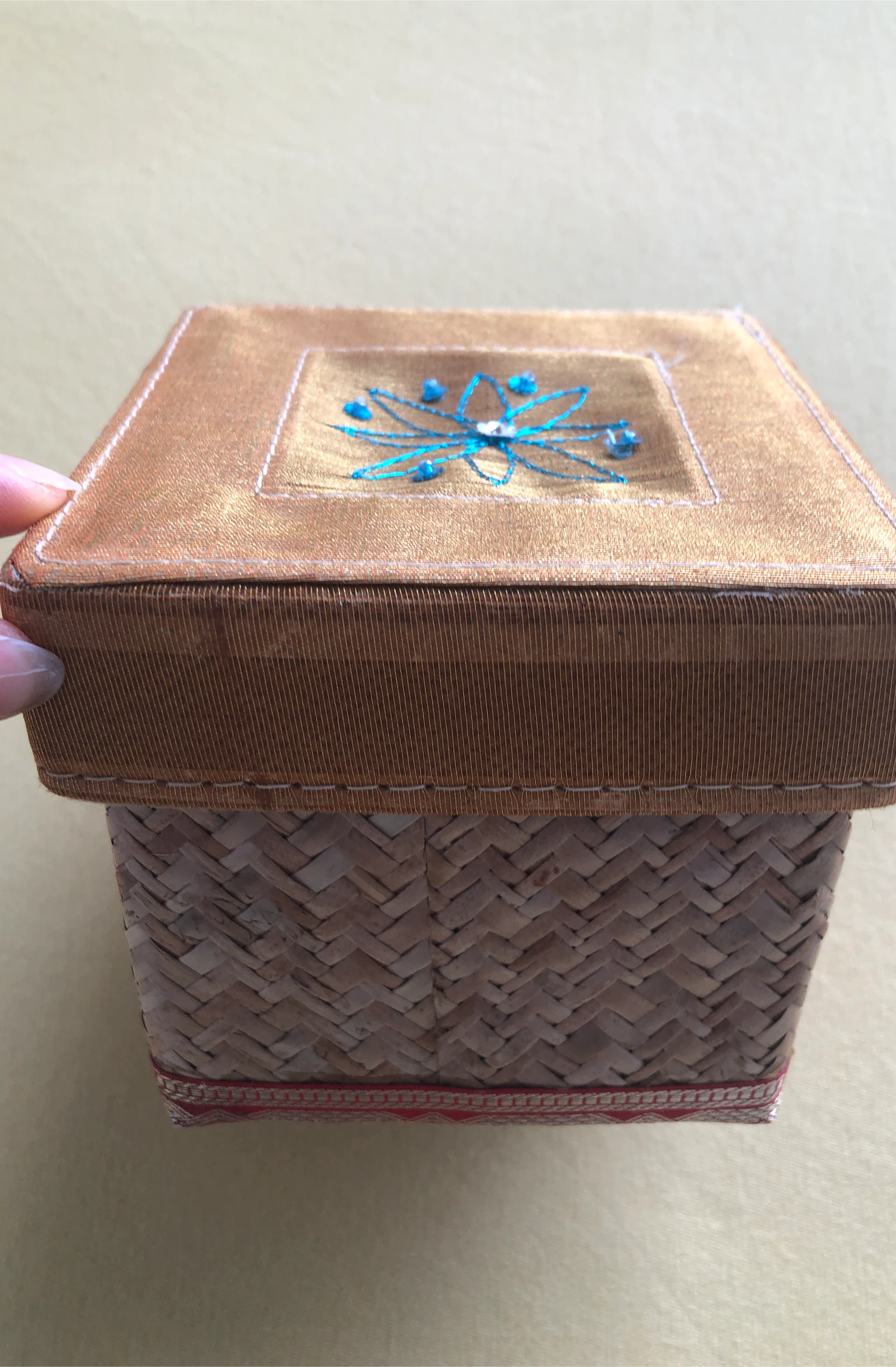 Decorative Woven Storage Box with Embroidered Lid