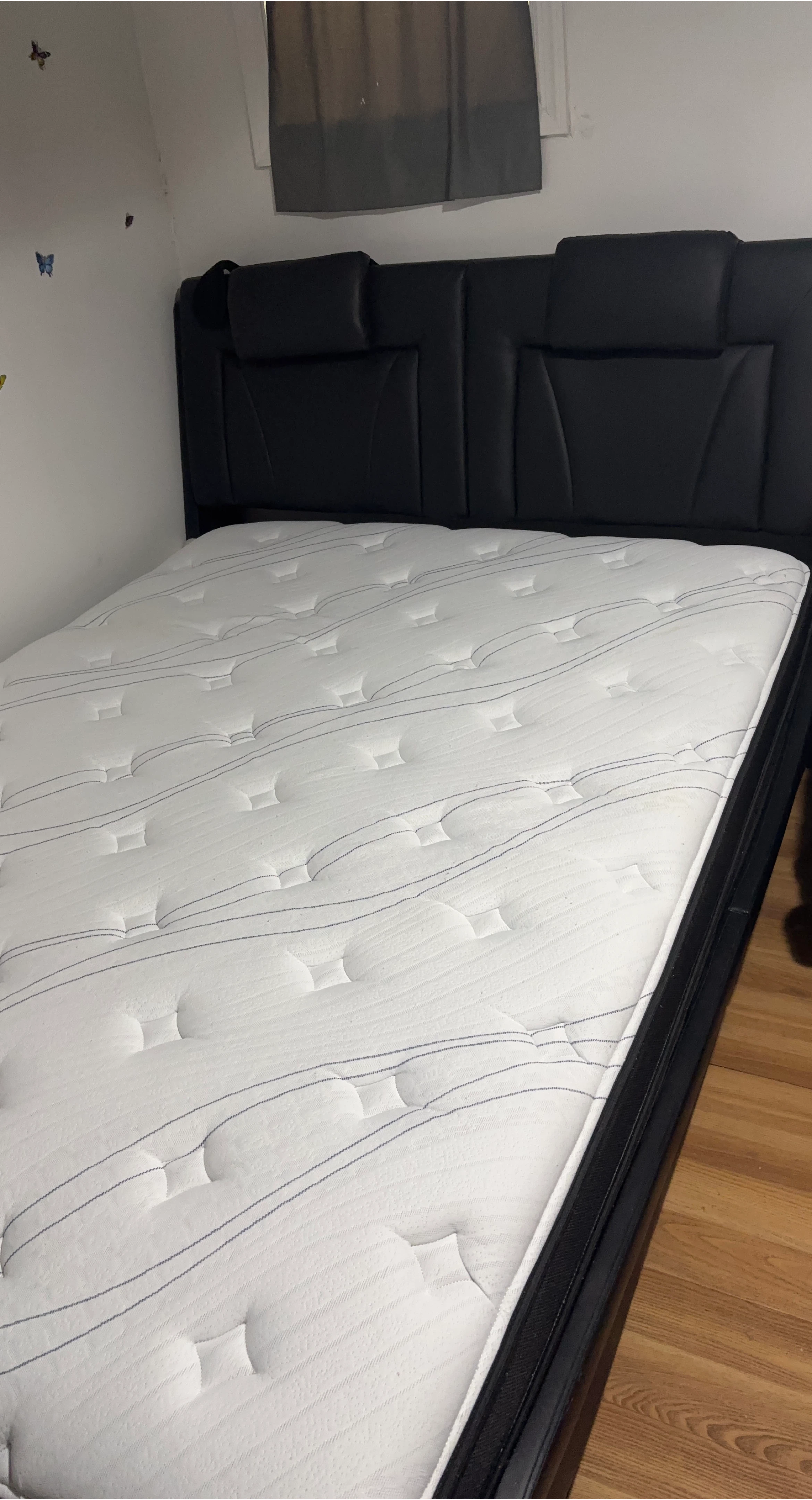 Black Faux Leather Queen Size Bed Frame with White Mattress