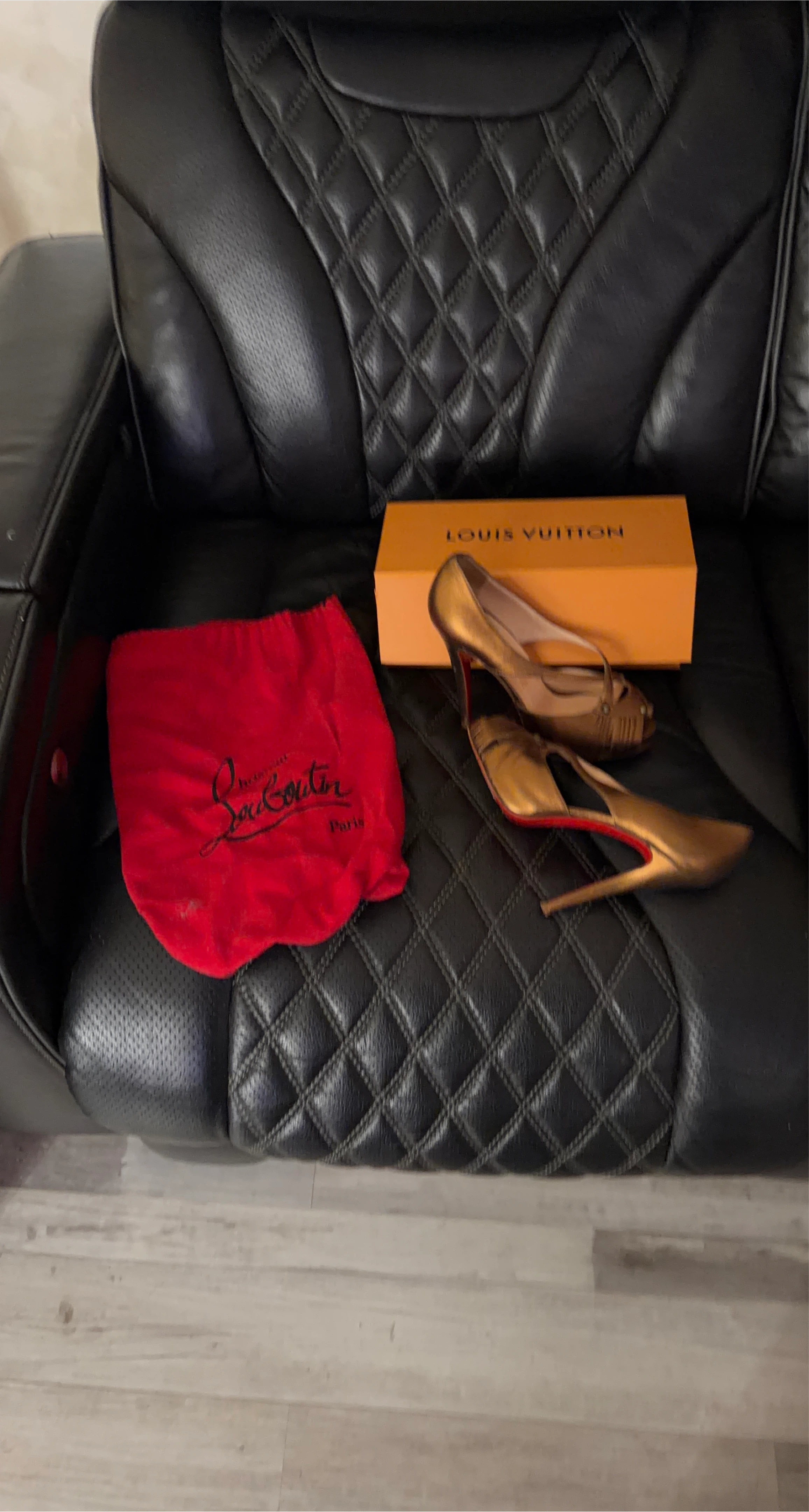 Christian Louboutin Gold Peep-Toe Heels with Dust Bag and Box