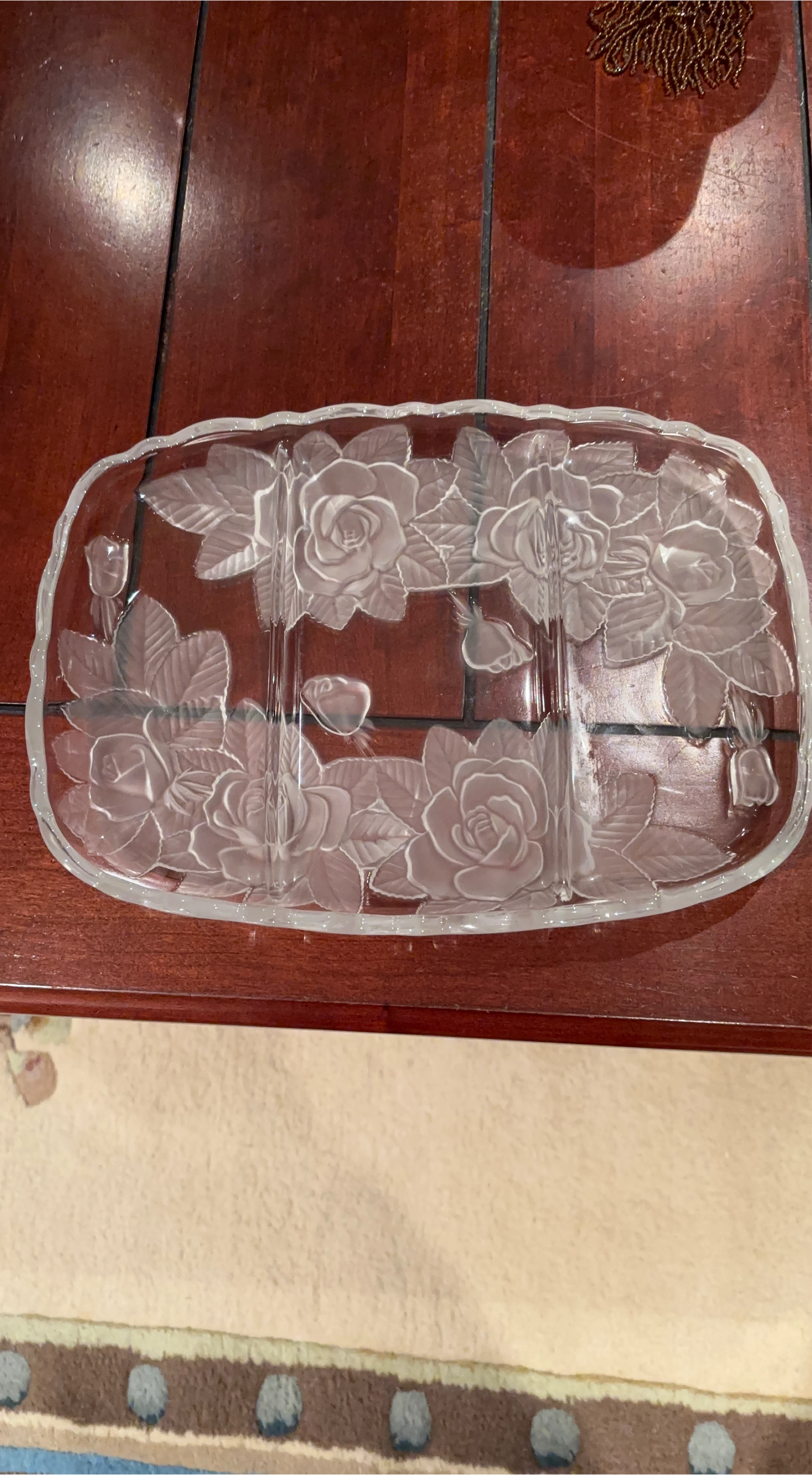 Glass Divided Serving Platter with Rose Engraving
