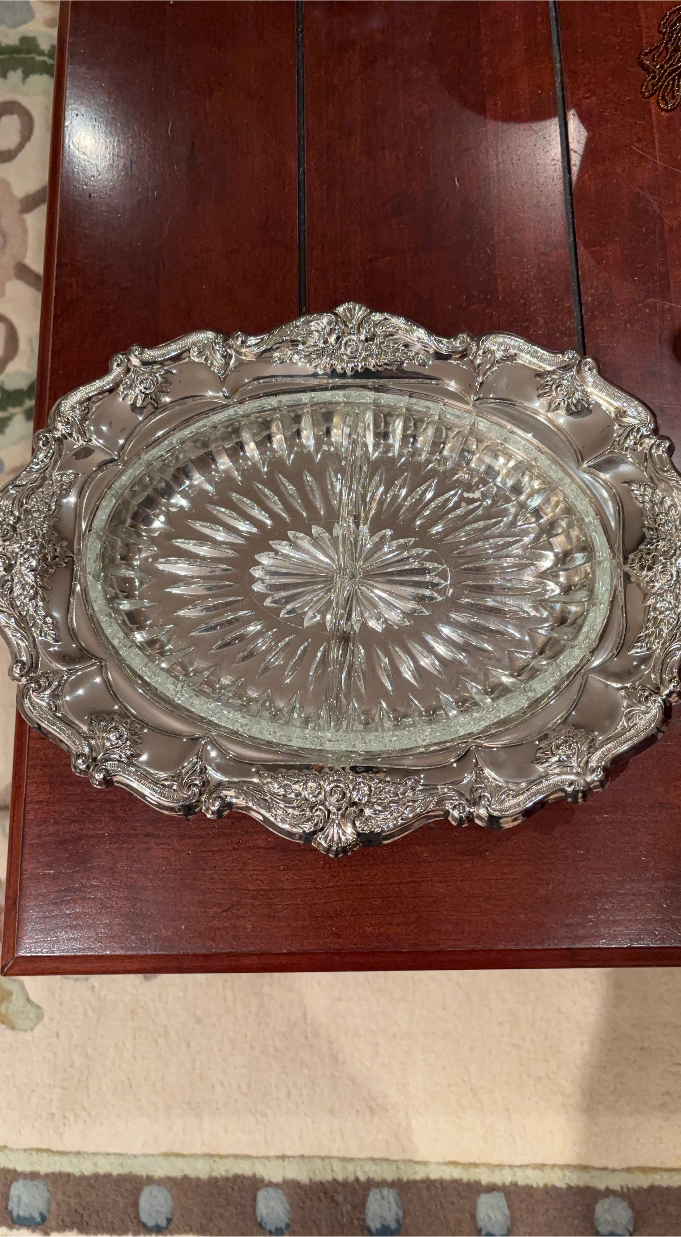 Ornate Silver Plated Divided Serving Tray with Glass Insert
