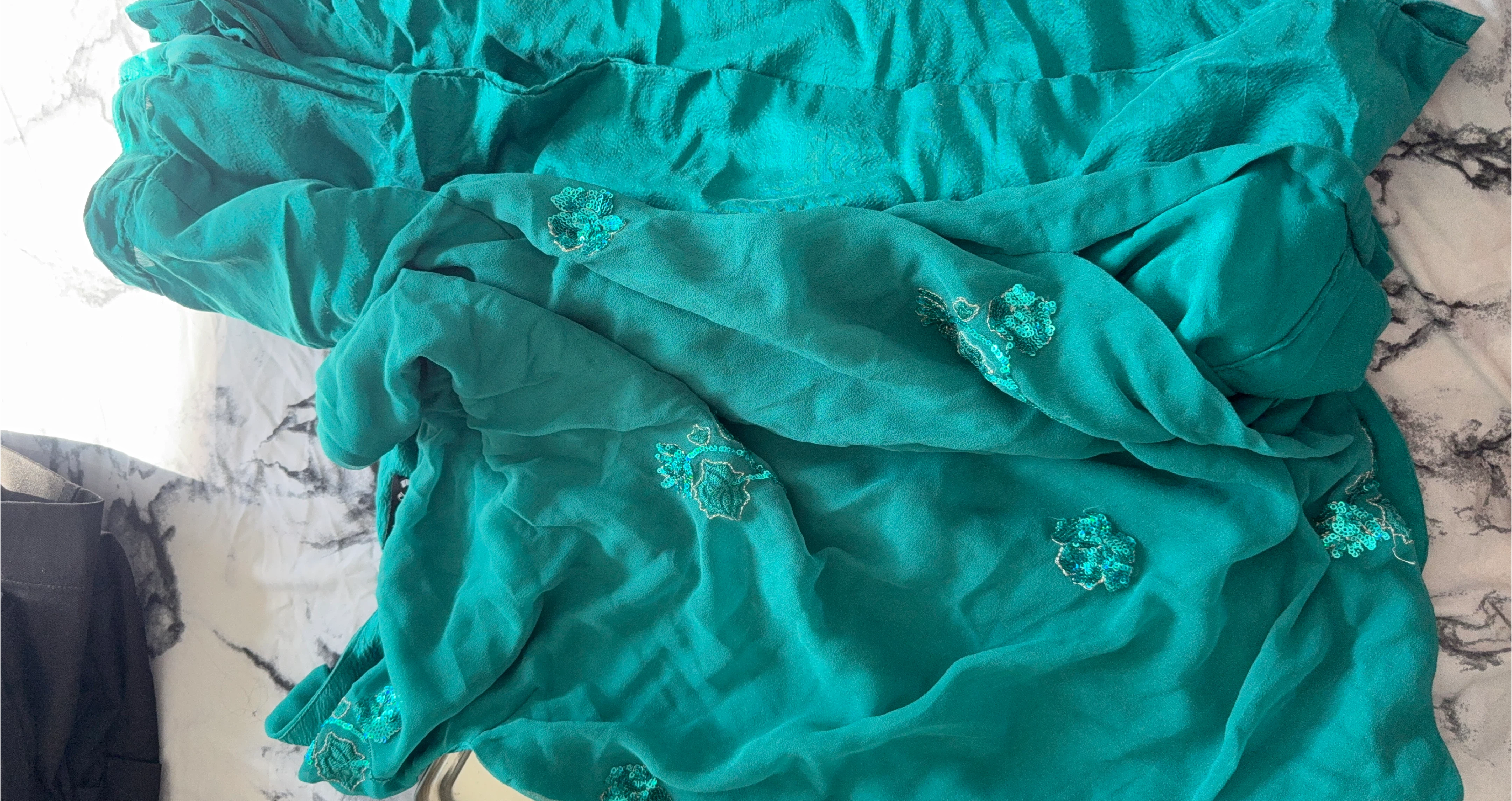 Teal Sheer Fabric with Sequins