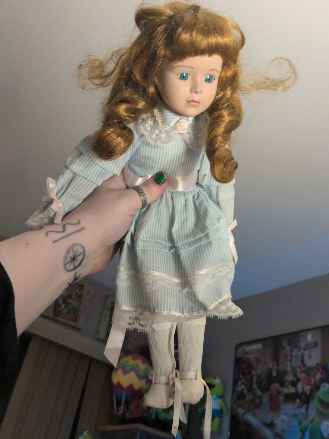 Blue Striped Victorian Doll with Red Hair