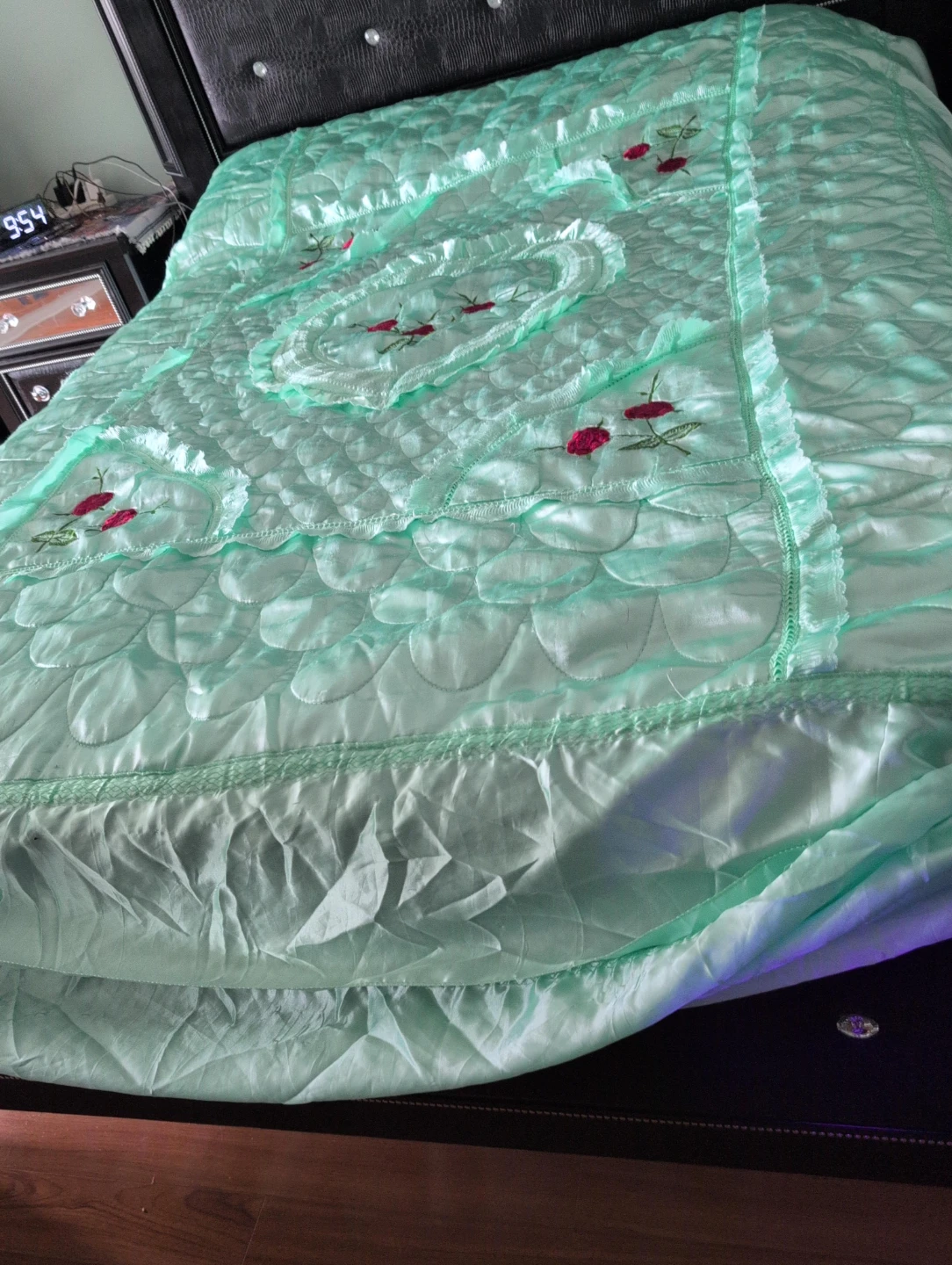 Mint Green Quilted Bedspread with Floral Embroidery pick up as